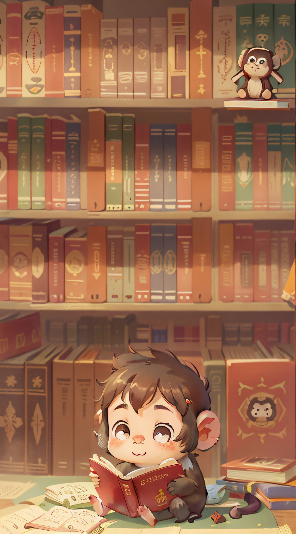 A cute little monkey，Read a book in the library