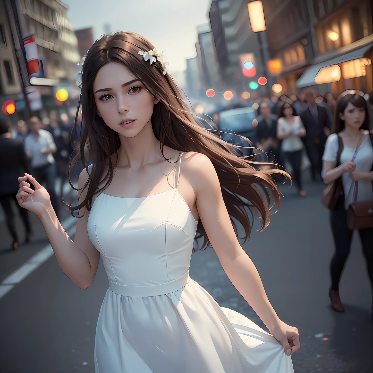 ((Realistic lighting, Best quality, 8K, Masterpiece: 1.3)), Focus: 1.2, 1girl, Perfect Figure: 1.4, Slim Abs: 1.1, ((Dark brown hair)), (White dress: 1.4), (Outdoor, Night: 1.1), City streets, Super fine face, Fine eyes, Double eyelids, --auto