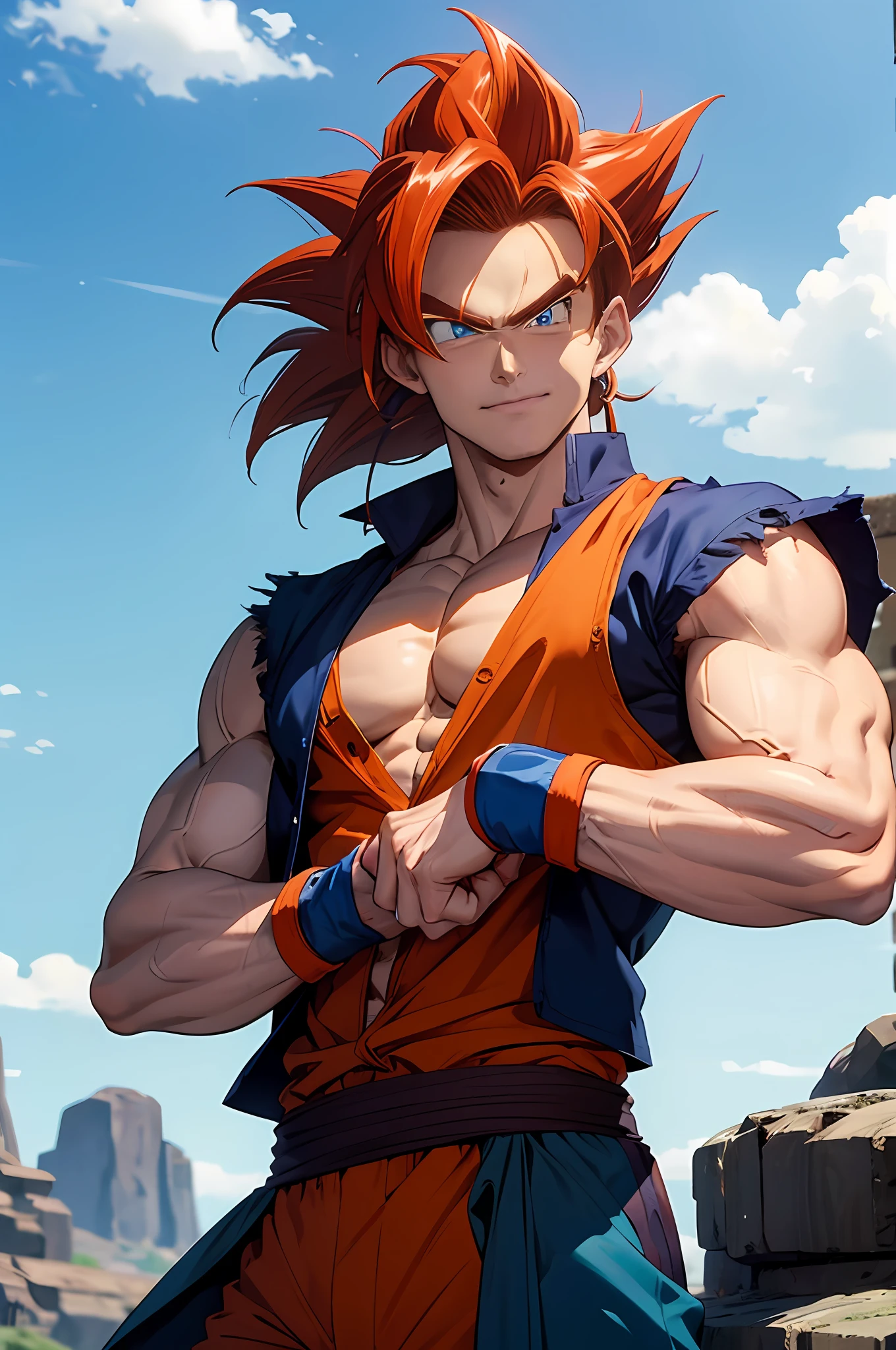 (masterpiece, best quality:1.2), cowboy shot, solo, male focus, 1boy, gogeta, dragon ball, muscular male, smirk, looking at viewer, crossed arms, red hair, blue eyes, vest, blue sash, orange pants, wristband, monkey tail, pectorals --auto