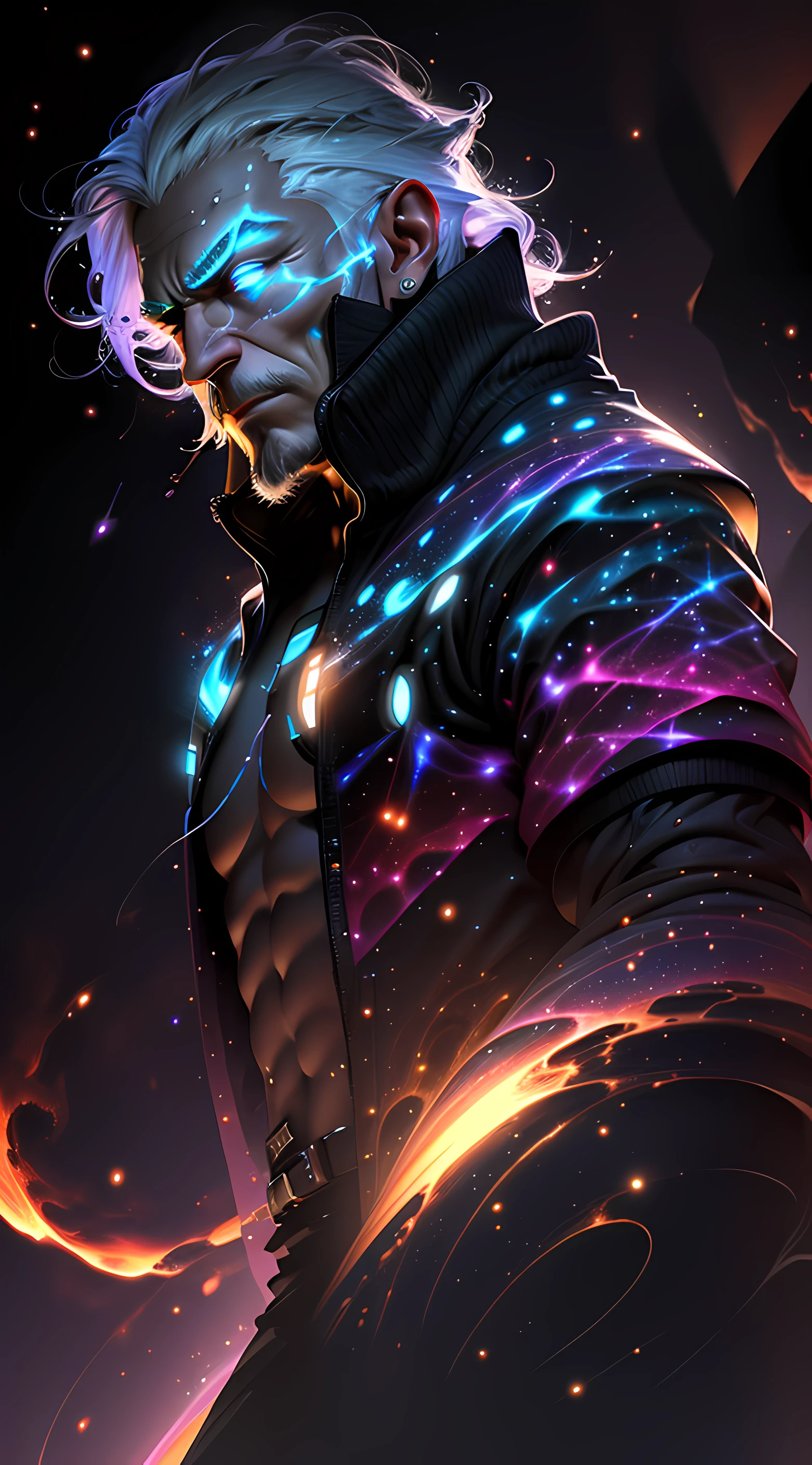 A mature man half face glowing in galaxies form