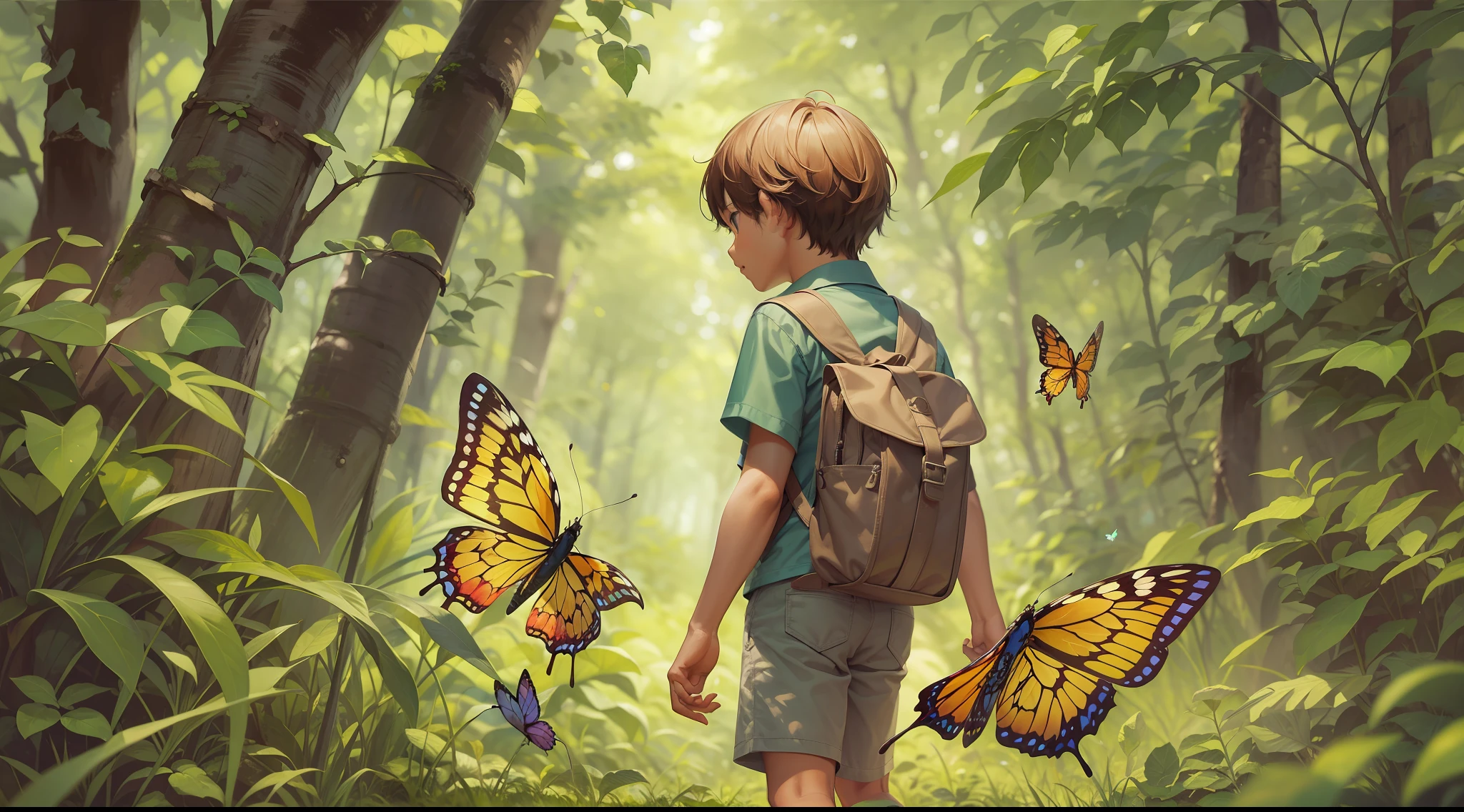 1boy with butterfly net and bug cage, through the trees as if searching. forest background, summer core, extremely detail, absurd resolution,
