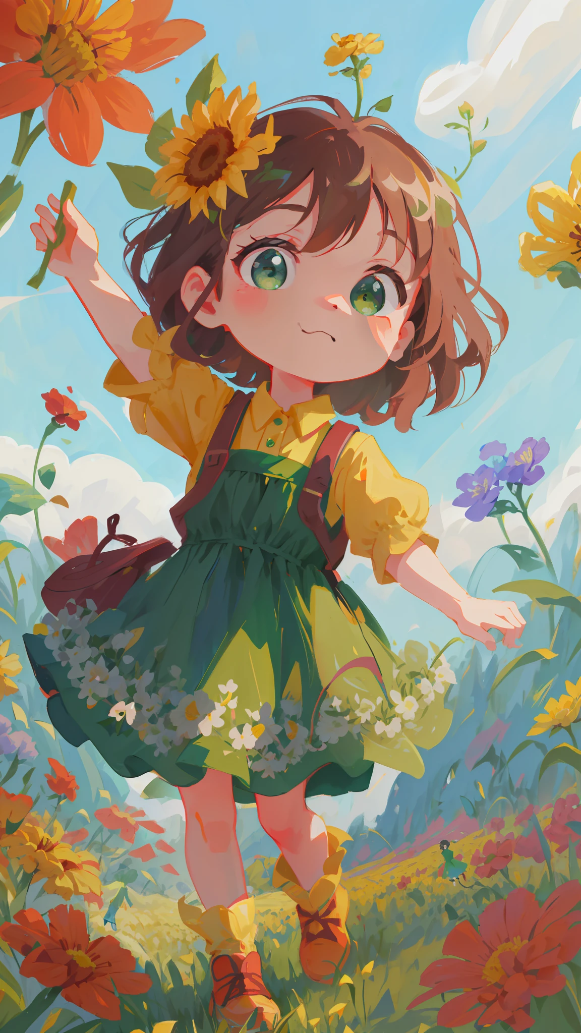 cartoon girl in a green dress and yellow shirt holding a flower, childrens art in artstation, cute detailed digital art, adorable digital painting, cute art style, cute detailed artwork, girl in flowers, cute digital art, girl in a flower field, full body portrait of a short!, girl dancing in a flower field, a beautiful artwork illustration