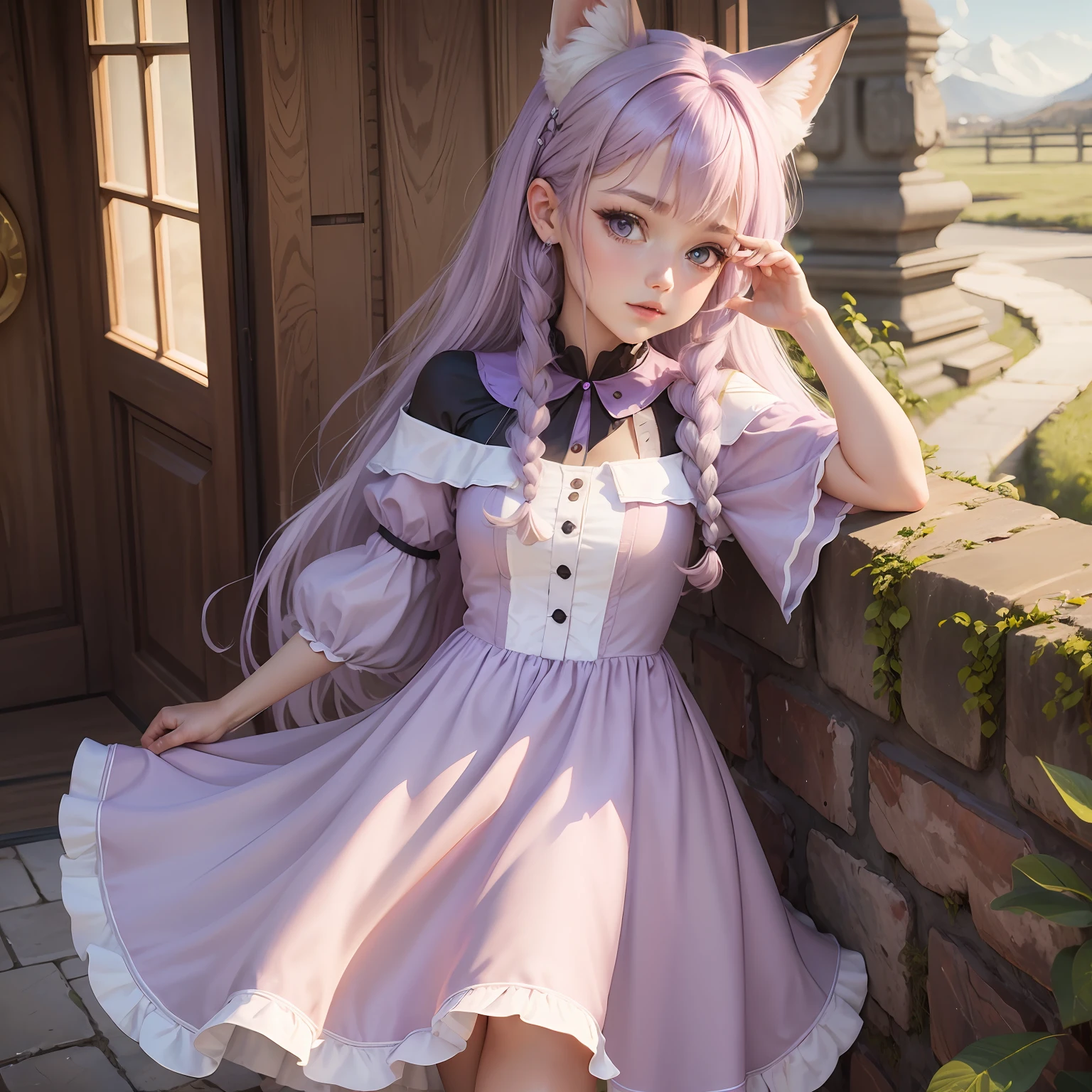 Lilac hair brown fox ear dress royal sister --auto