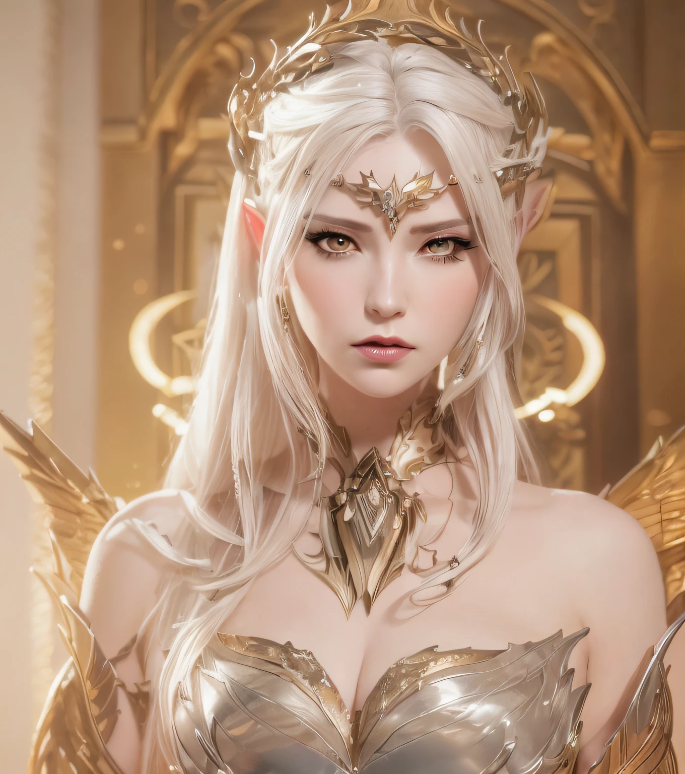 a close up of a woman in a costume with wings, beautiful and elegant elf queen, beautiful elegant demon queen, portrait of an elf queen, cinematic goddess close shot, from lineage 2, a beautiful fantasy empress, elf queen, white horns queen demon, lineage 2 revolution style, beautiful elven princess, portrait knights of zodiac girl, very beautiful elven top model