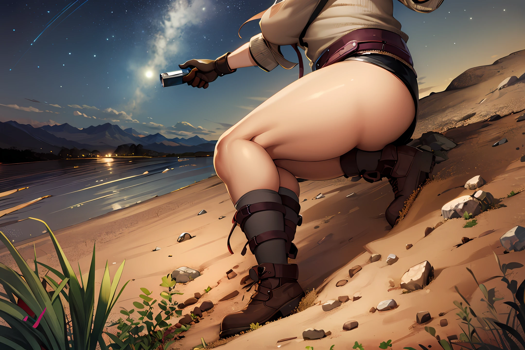 1 woman((upper body selfie, happy)), masterpiece, best quality, ultra-detailed, solo, outdoors, (night), mountains, nature, (stars, moon) cheerful, happy, backpack, sleeping bag, camping stove, water bottle, mountain boots, gloves, sweater, hat, flashlight, forest, rocks, river, wood, smoke, shadows, contrast, clear sky,
analog style (look at viewer:1.2) (skin texture)
(film grain:1.3), (warm hue, warm tone)