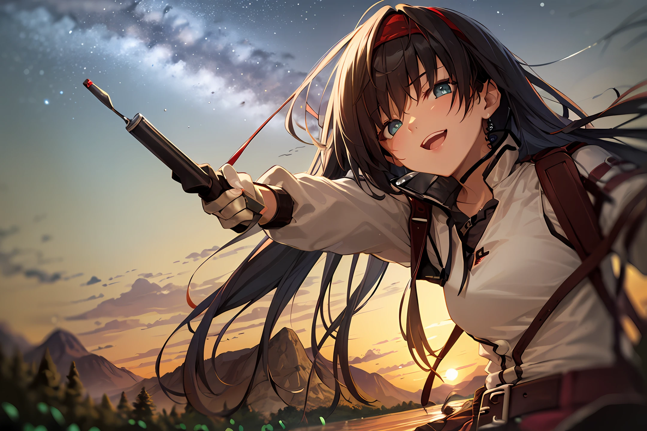 1 woman((upper body selfie, happy)), masterpiece, best quality, ultra-detailed,  solo, outdoors, (night), mountains, nature, (stars, moon)   cheerful, happy, backpack, sleeping bag, camping stove, water bottle, mountain boots, gloves, sweater, hat, flashlight, forest, rocks, river, wood, smoke, shadows, contrast, clear sky,
analog style (look at viewer:1.2)  (skin texture)
(film grain:1.3), (warm hue, warm tone)