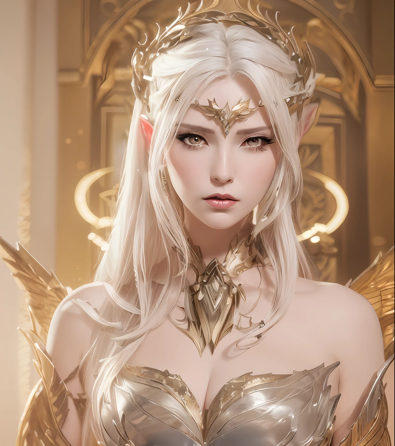 a close up of a woman in a costume with wings, beautiful and elegant elf queen, beautiful elegant demon queen, portrait of an elf queen, cinematic goddess close shot, from lineage 2, a beautiful fantasy empress, elf queen, white horns queen demon, lineage 2 revolution style, beautiful elven princess, portrait knights of zodiac girl, very beautiful elven top model