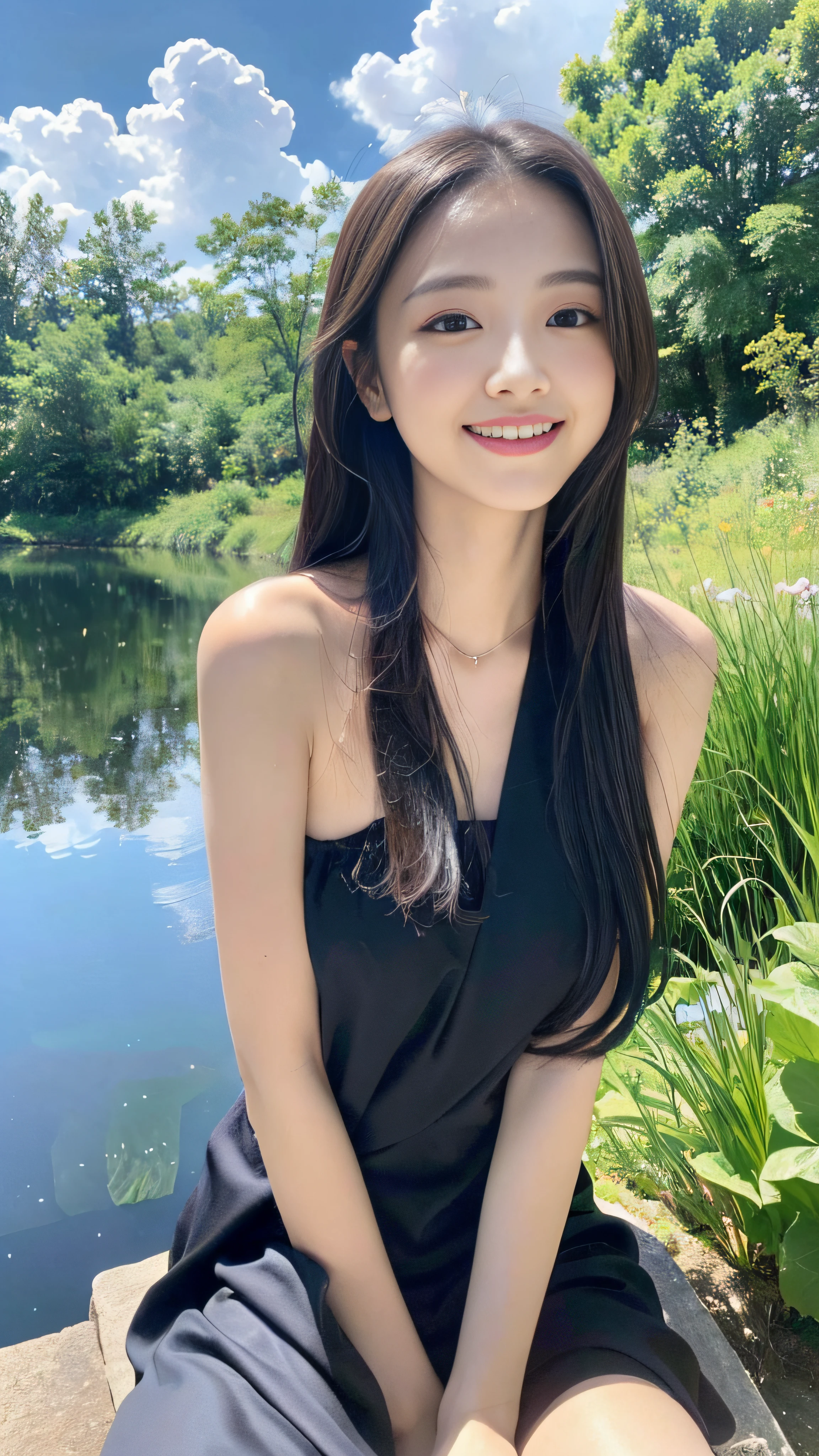 ((best qualtiy, 8k, tmasterpiece:1.3)), A pretty maiden，Pure，Melon seed face，gentle and cute，Thin stature，(frontage)，(Tilt your head)，staring right into camera，[detached sleeves::0], [collared shirt::0], [capri pants::0]，Black silky long, straight hair，Long hair flowing over the shoulders，round black big eyes，clear big eyes，Hydrated red lips，sweet，sitting at a pond，with blue sky and white clouds，rays of sunshine，，Idyllic background，Sweet smile， (full bodyesbian:1.3), shift dresses:1.1, close-up all over the body