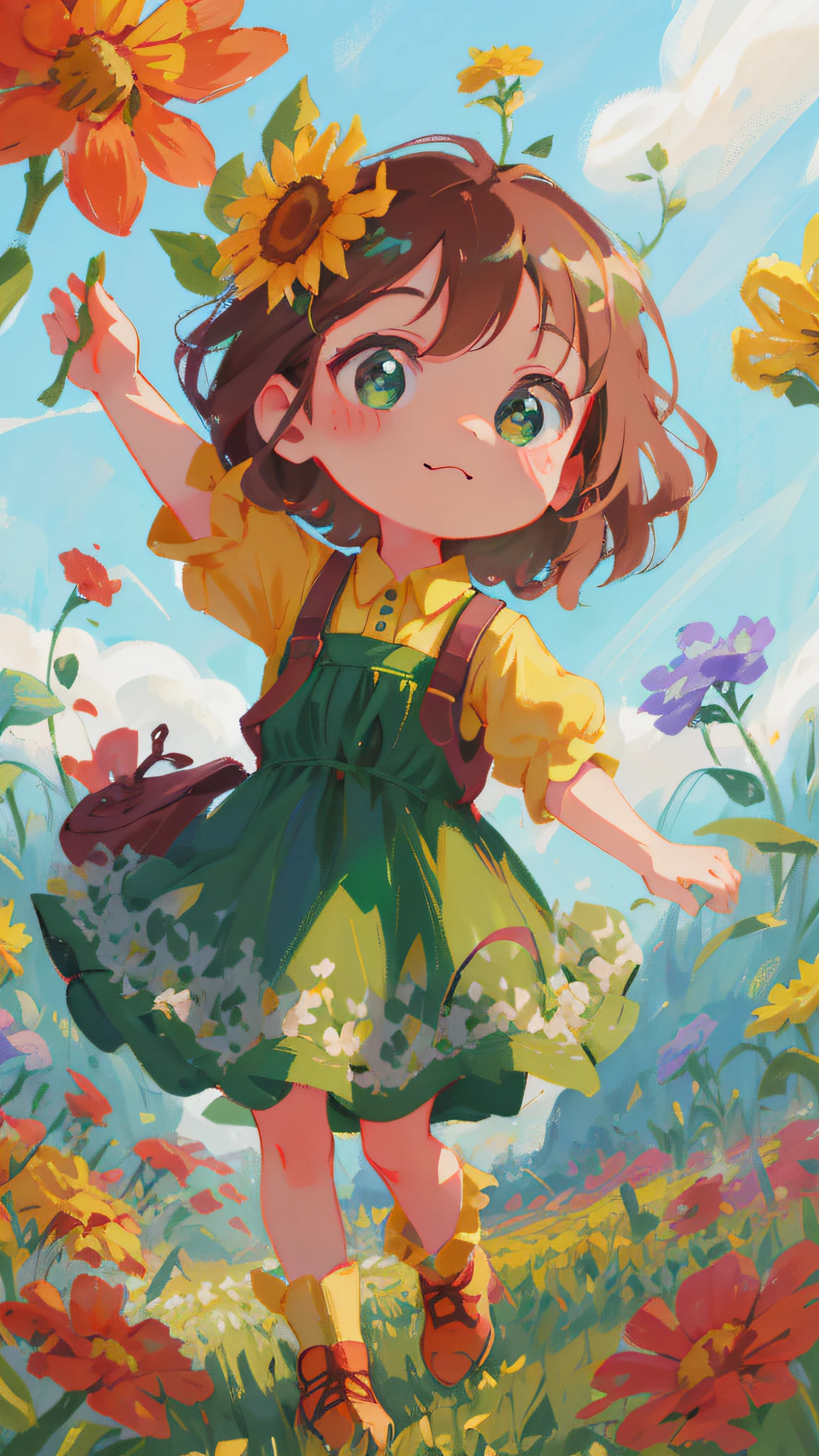 cartoon girl in a green dress and yellow shirt holding a flower, childrens art in artstation, cute detailed digital art, adorable digital painting, cute art style, cute detailed artwork, girl in flowers, cute digital art, girl in a flower field, full body portrait of a short!, girl dancing in a flower field, a beautiful artwork illustration