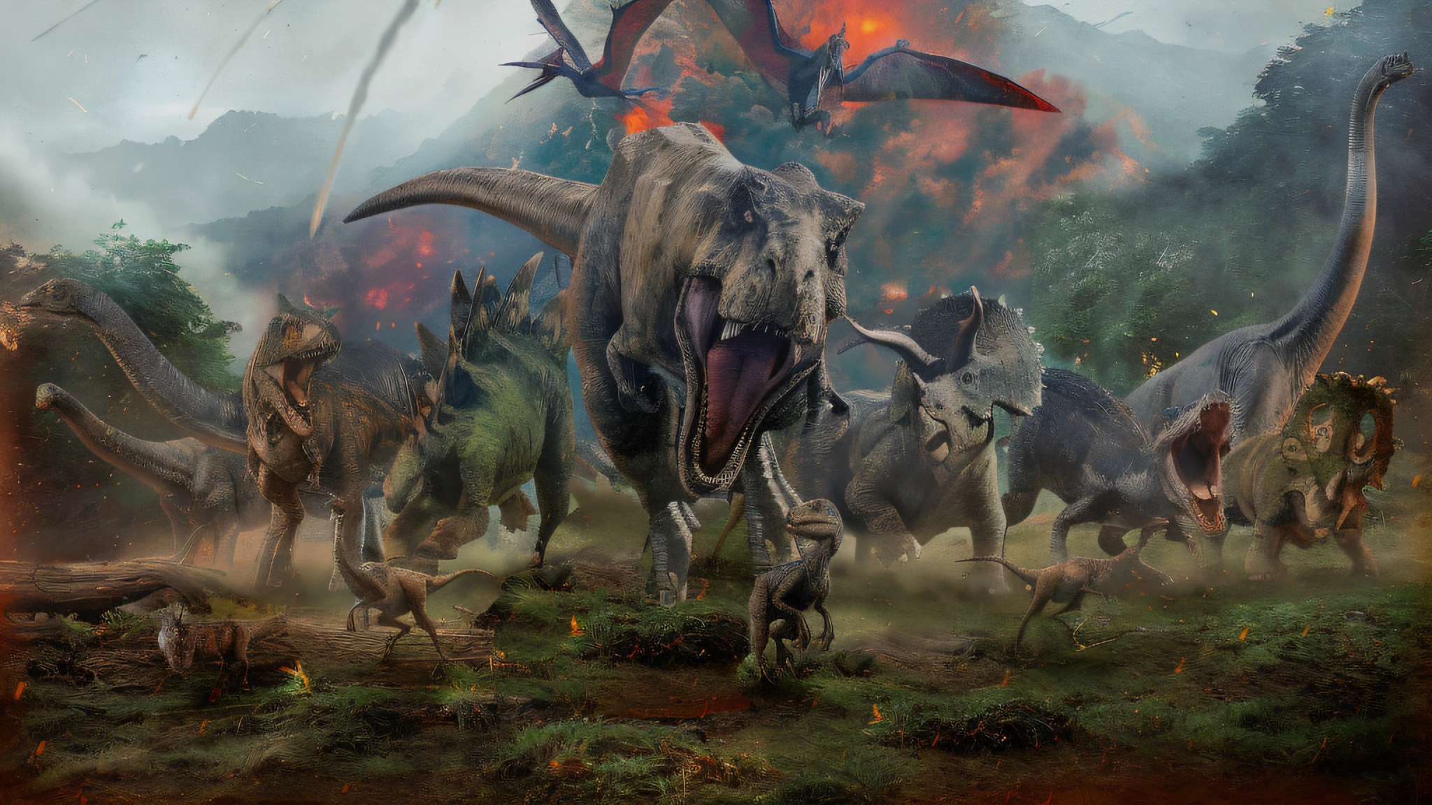 (Jurassic World+dinosaurs+hyper realisitc+the fire+Meteor impact+Pterodactyl flies+Jurassic Park+high detail concept art+8k high resolution field background dinosaur running)