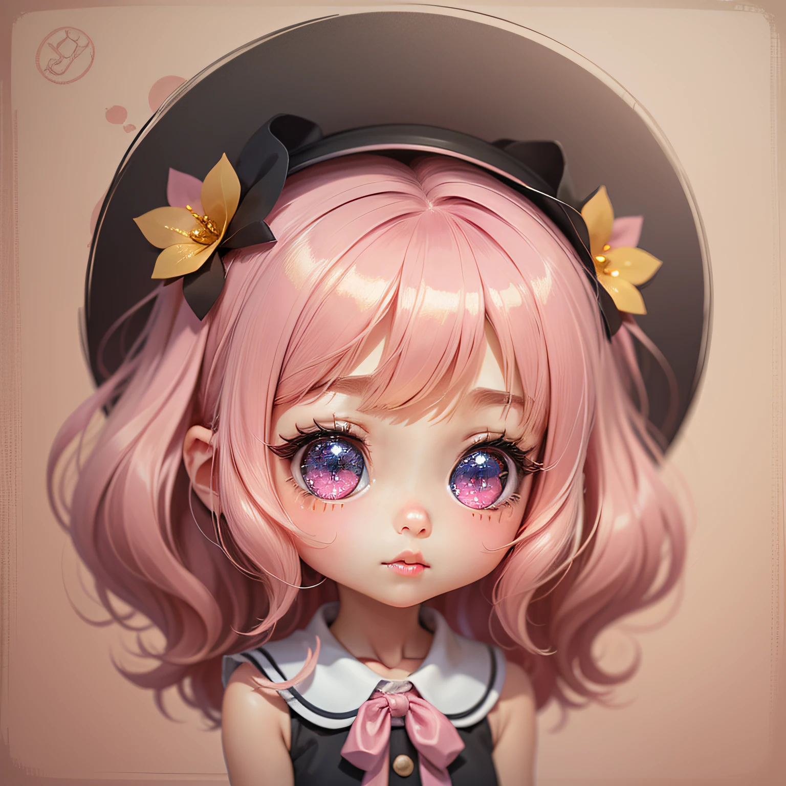perfect-composition、Perfect pictorial composition、Cartoon girl with long hair、cartoon artstyle、Cartoon Cute Girl、Chibi Girl、Chibi、cute cartoon style、Cute art style、Cartoon style、Cartoon style illustration、Digital art of cartoons、Cute digital art、Cute anime girl、Chibi、estilo chibi、Kawaii Girl、an anime drawing、pop-art、Cartoon style illustration、3Equivalent、Head large、kawaii eyes、Glitter eyes、Sparkling eyes、kawaii faces、Innocent face、smooth hair、a blond、Golden hair、Pink ribbon、Girl in polka dot dress, cute kawaii girl, Cute anime girl, The upper part of the body、Oblique、Pink background、tchibi、Has a small、Mini、Chibi
