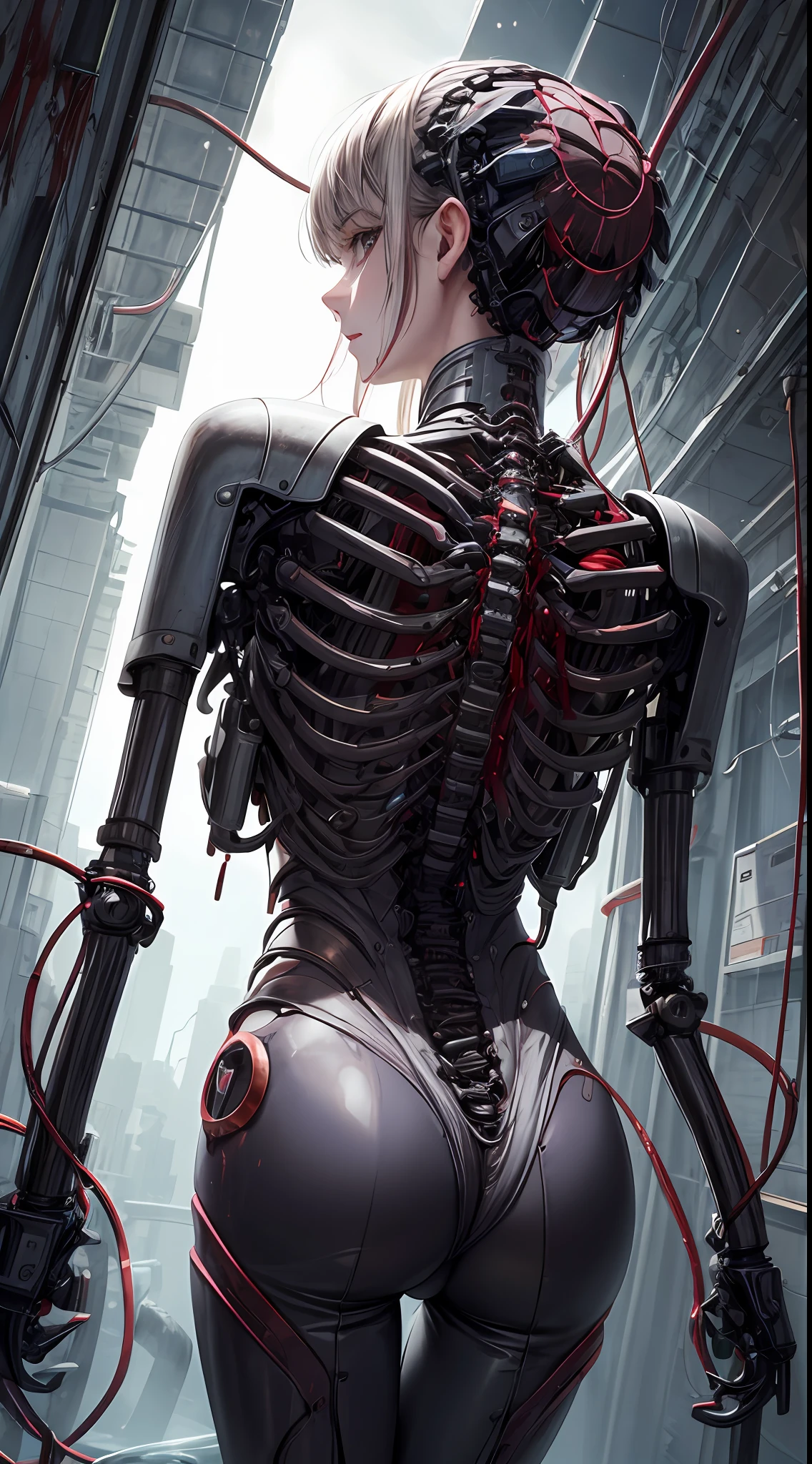(((Masterpiece))), ((Best Quality)), (Super Detail), (CG Illustration), (Very Evil and Beautiful)), Cinematic Light, ((1 Mechanical Girl)), Single, (Mechanical Art: 1.4), ((Mechanical limb)), (Blood vessel attached to a tube), ((Mechanical spine attached to the back)), ((Mechanical cervical vertebrae attached to the neck), (Back to the viewer)), expressionless, ( Wires and cables attached to the head and body: 1.5), Science Fiction, Apocalypse, Ruins, (Lower Body Integrated with Mechanical Devices), (Blood: 1.5), Cruelty, Absurdity, Eroticism, Fusion with Machines, Doomsday Time, Super Future, Inorganic, Laboratory, Restraint, (Beautiful Indulgence: 1.2), (1 Girl: 1.3), Body Wrapped Around Mechanical Tentacles