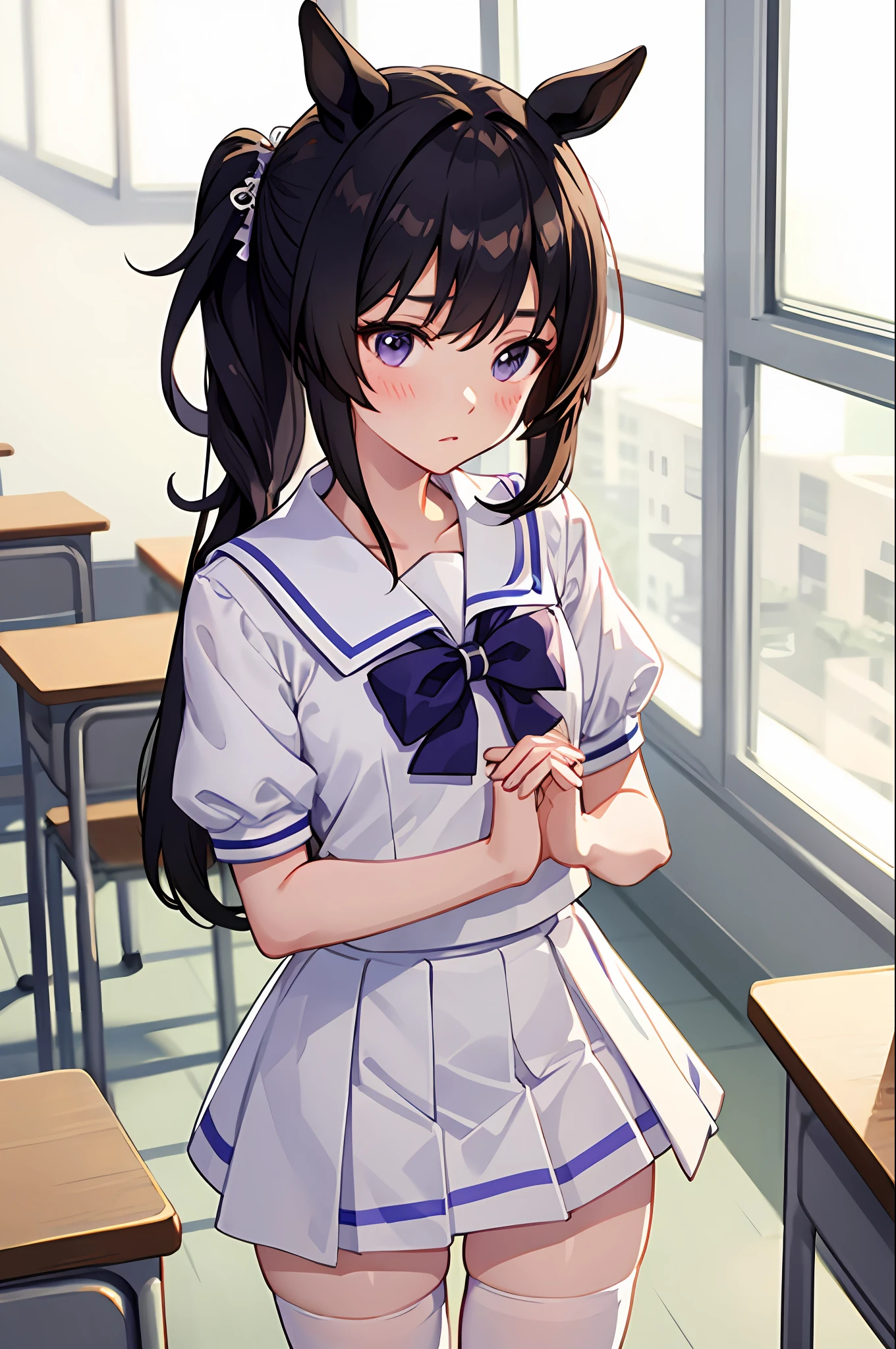 Masterpiece, Best quality,
high pony \(umamusume\),
Classroom,
Blush, looks away, Own hands together,
tracen school uniform, summer uniform, serafuku, puffy short sleeves, neck bowtie, Horseshoe-shaped ornaments, Sailor collar, Sailor shirt, frilld, White skirt, Purple shirt, Miniskirt, zettai ryouiki, white thighhighs,