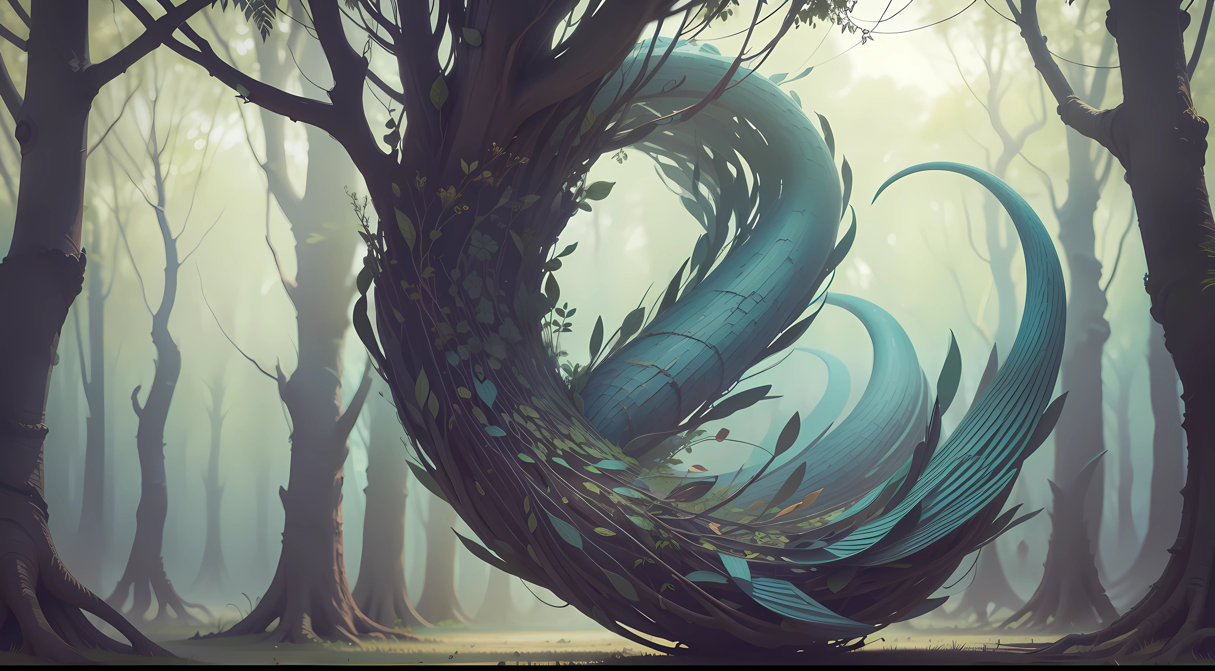 (Abstrato, surreal, imaginary). (Uma impressionante imagem de uma cobra) Corpo da cobra: made of joining tree branches. Detalhes do corpo: os galhos possuem espinhos. Detalhes do corpo: flores saem dos galhos.