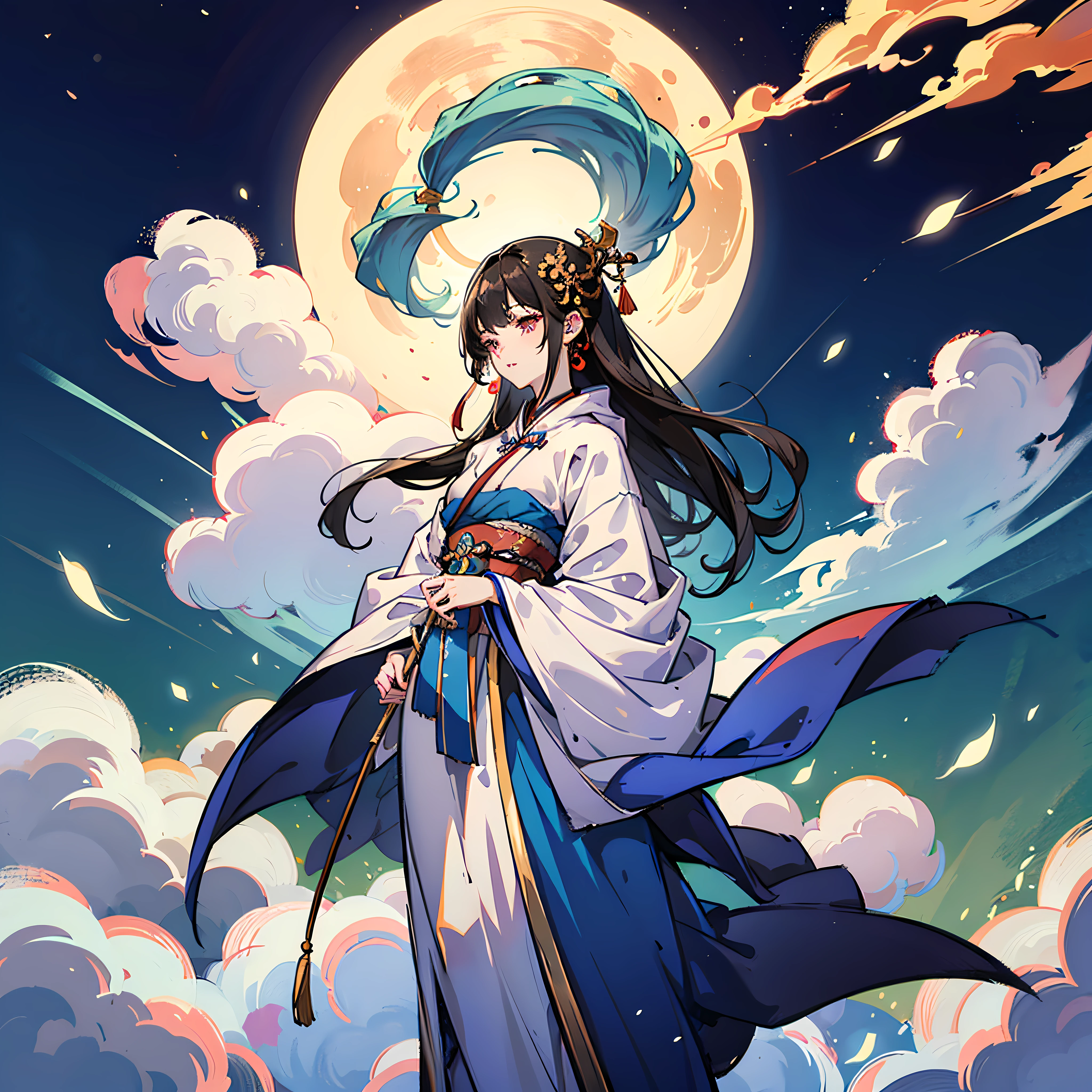 Close-up of a woman in a blue dress standing on stage, full-body xianxia, lunar themed attire, astral witch clothes, inspired by Li Mei-shu, cotton cloud mage robes, fantasyoutfit, tai costume, cloud mage robes, inspired by Leng Mei, Yun Ling, full-body wuxia, flowing magical robe, Xianxia --auto