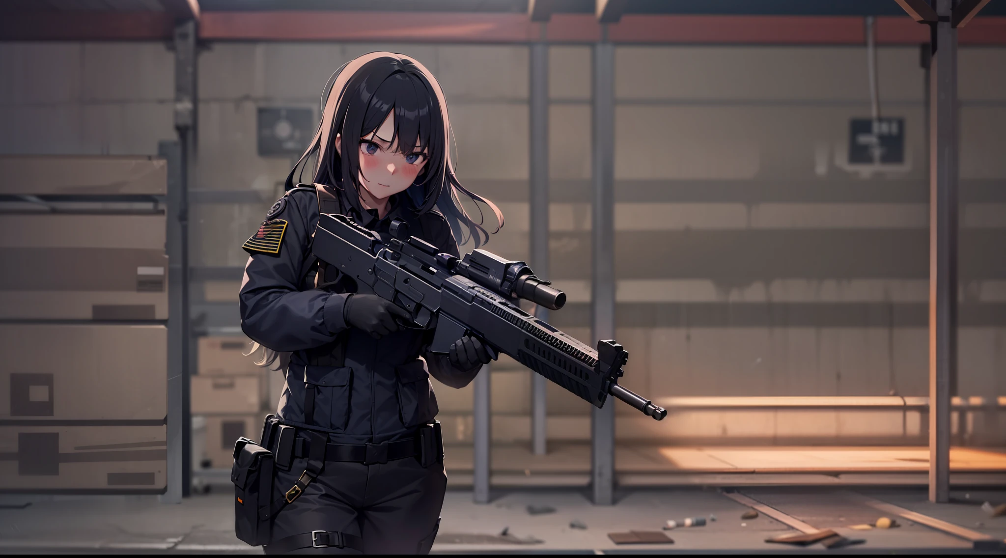 1 girl, handgun, in the dark warehouse, black clothes, special operations, special force, cinematic action