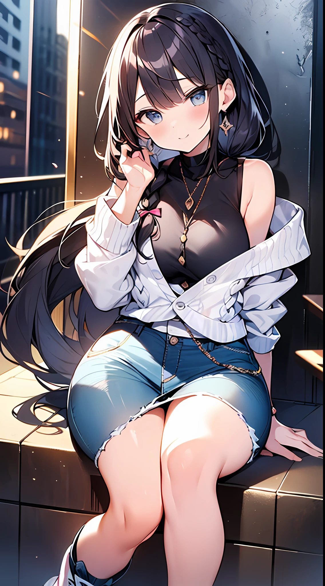 (Incredibly ridiculous absolute resolution:1.5)、top-quality、masuter piece、超A high resolution、(jeans、light blue cardigan、High-tech sneakers) BREAK Shoujo Manga Style、(Curvaceous loli)、(((The length of hair to the shoulders)))、(((short braiding)))、Angle from which you can see the whole body、Entangle、Beautiful and aesthetic:1.5、High quality:1.3