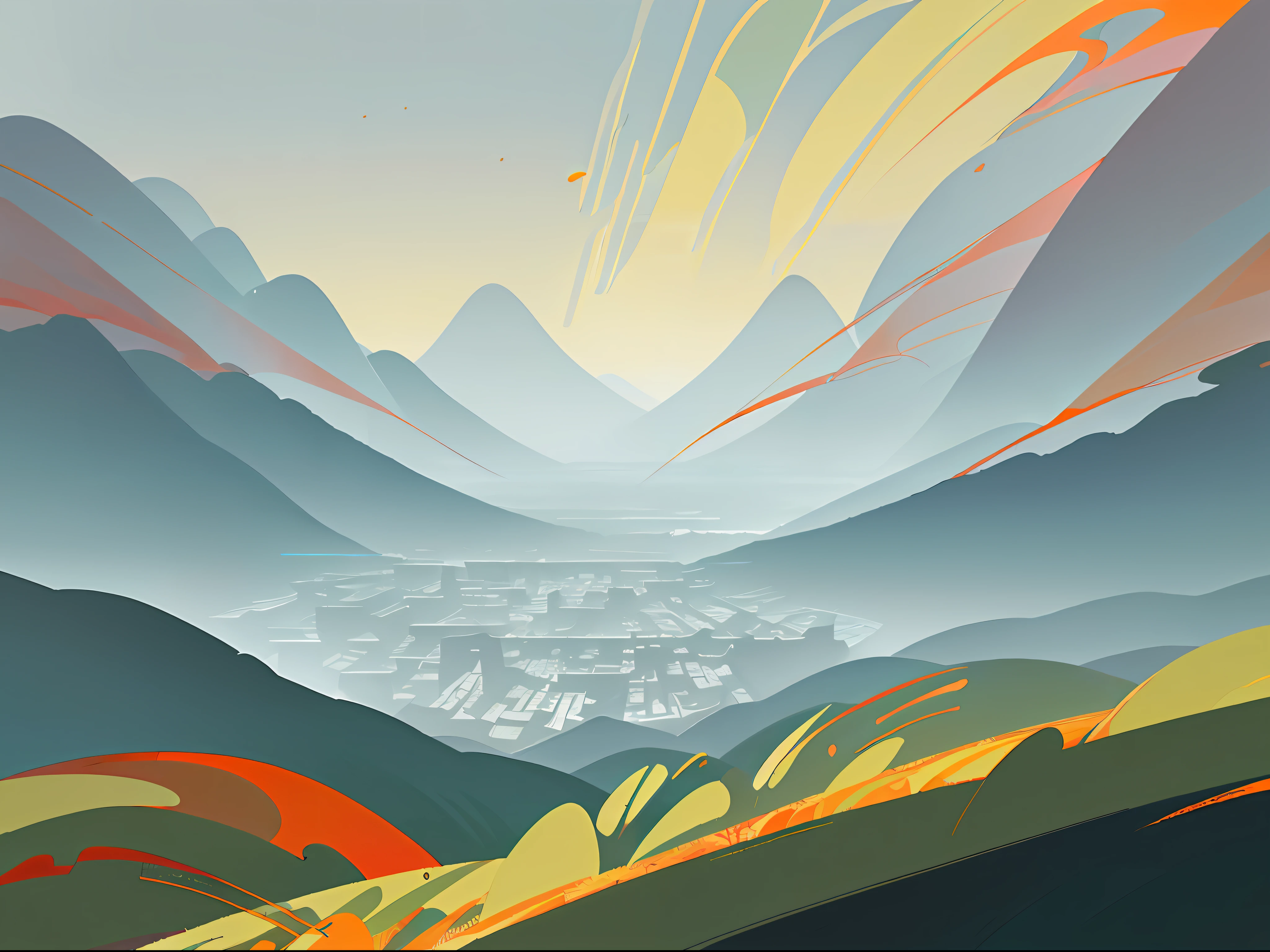 (Chinese landscape), abstract painting, (Zen, Amy Sol style), (spring, rainy days, terraces, mountains), cover art with light abstraction, simple vector art, contemporary Chinese art, color gradients, soft color palettes, layered forms, whimsical animation, style Ethereal abstract, 4K, --v6