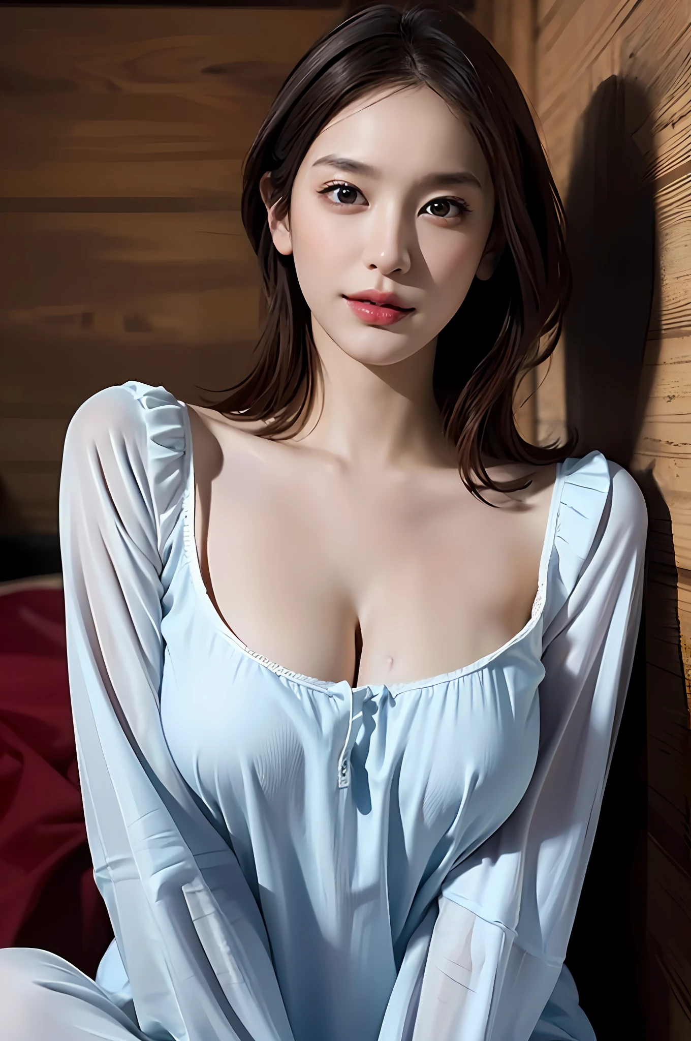 (Ultra Real), (Illustration), (High Resolution), (8K), (Very Detailed), (Best Illustration), (Beautiful Detailed Eyes), (Best Quality), (Ultra Detailed), (Masterpiece), (Wallpaper), (Detailed Face),pose sexy ,room,Short Hair, Inner Color,Solo,full body,See-through pajamas ,Big breasts, saggy breasts ,Sweaty, Japan person, Big tits