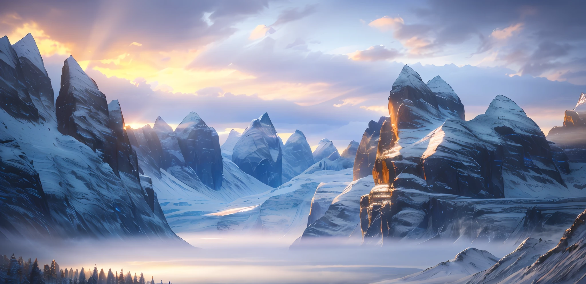 Mountains covered in snow and clouds，The background is sunset, 8 k matte painting, 8k matte painting, 4 k matte painting, matte painting 4k 8k, 3d rendered matte painting, jessica rossier color scheme, ice mountain, marc adamus, 4k hd matte digital painting, ryan dyar, epic cinematic matte painting, matte painting scenery