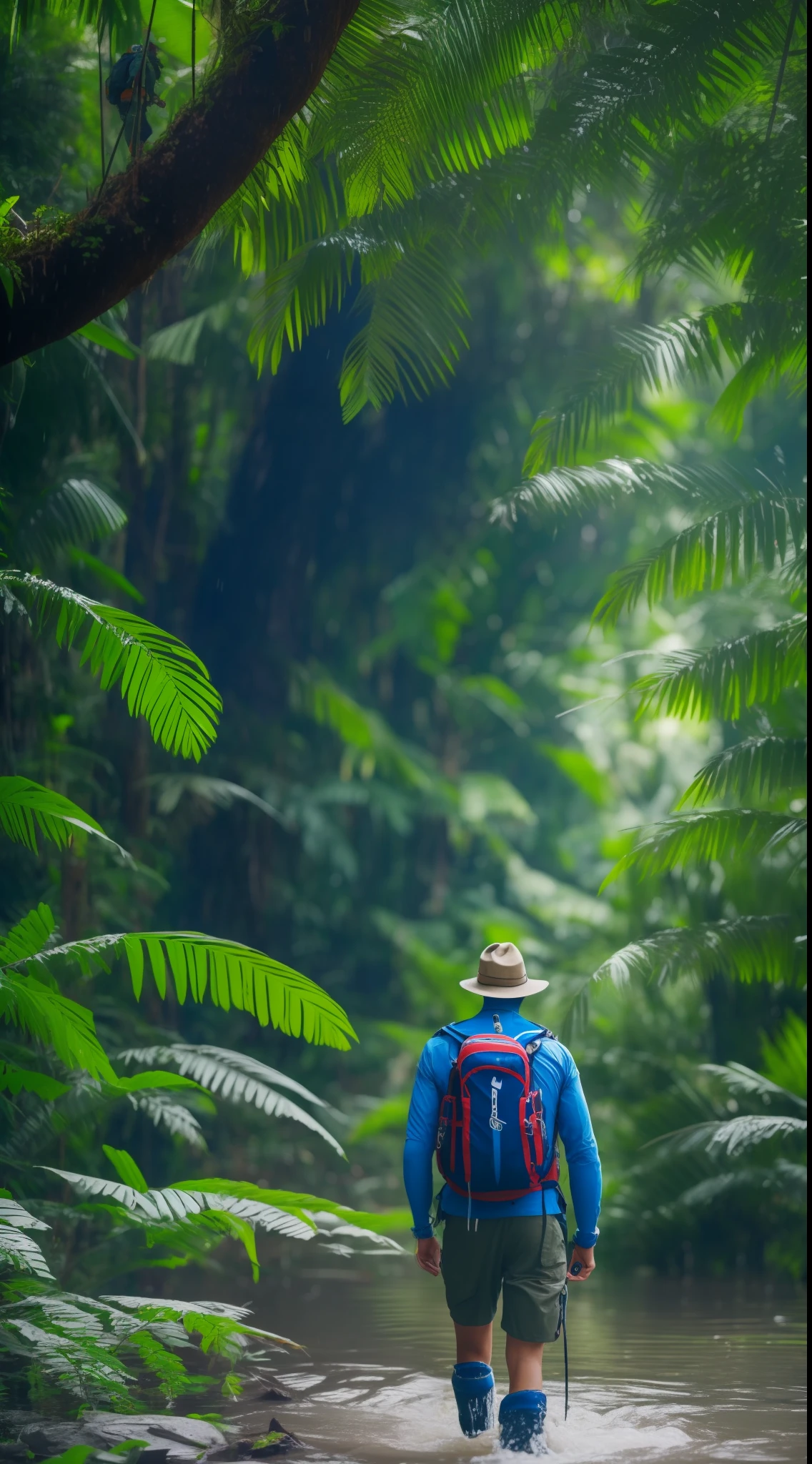 Beautiful close-up((adventurer)),jungles,oases,giant and wet trees，high qulity，tmasterpiece