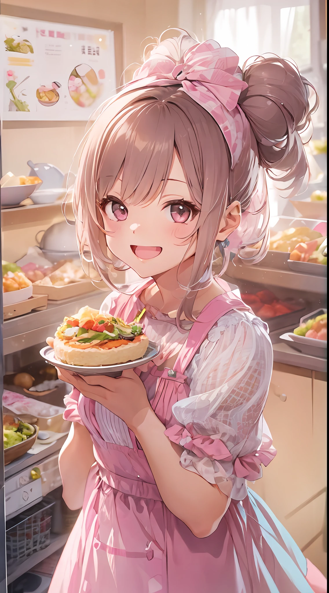 The image of a cute girl who likes pink, appearance々Eat a feast of dishes, With a smile and posing for the camera, With cute gestures.