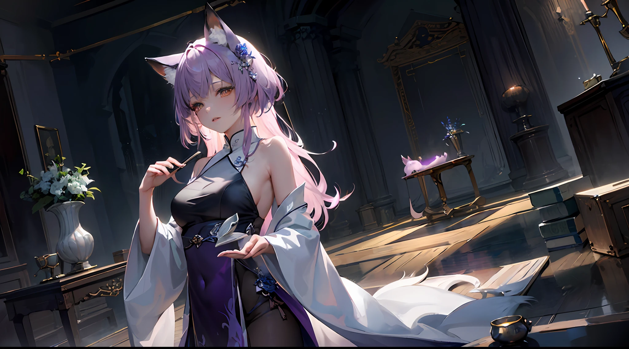 Beautiful and ethereal vixen dressed in flowing white Chinese robes。The image captures fox spirits in the dark sea of the netherworld,It is surrounded by purple gas and faint clouds。Use Midjourney's advanced brush tools to create complex folds and textures on vixen's robes and hair,And experiment with different color palettes and brushstrokes to bring out the ethereal quality of the scene。The image of the fox spirit is sometimes obscured by the purple qi around it,It also adds to the beauty of the vixen,Make the scene full of mystery and fascination。Leverage Midjourney's powerful tools,You can bring this captivating and ethereal scene to life with incredible detail and beauty。 hdr,(真实感,Masterpiece quality,best qualtiy),,PureErosFace_V1,Urzang-6500-V1 version.1, --auto