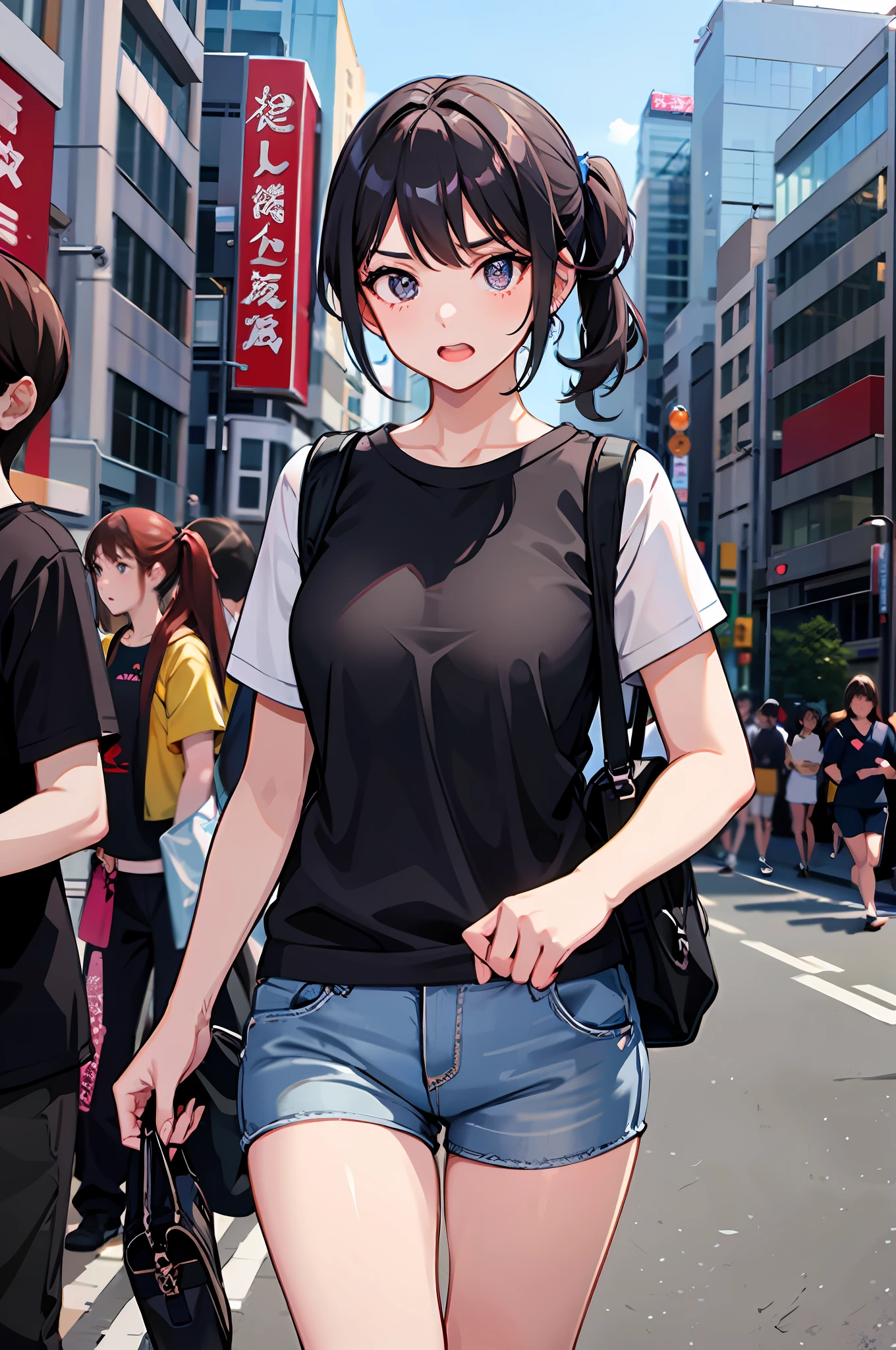 (tmasterpiece:1.2,best qualtiy),动态照明,full bodyesbian,
4girl, Fox eye makeup, Body details, Face details, (mediuml breasts), Low ponytail, hair tying, short detailed hair, Glowing skin,
Oversized sports shirt,Women's shorts,Crouch on the ground and cry,Very sad,The background is Shibuya