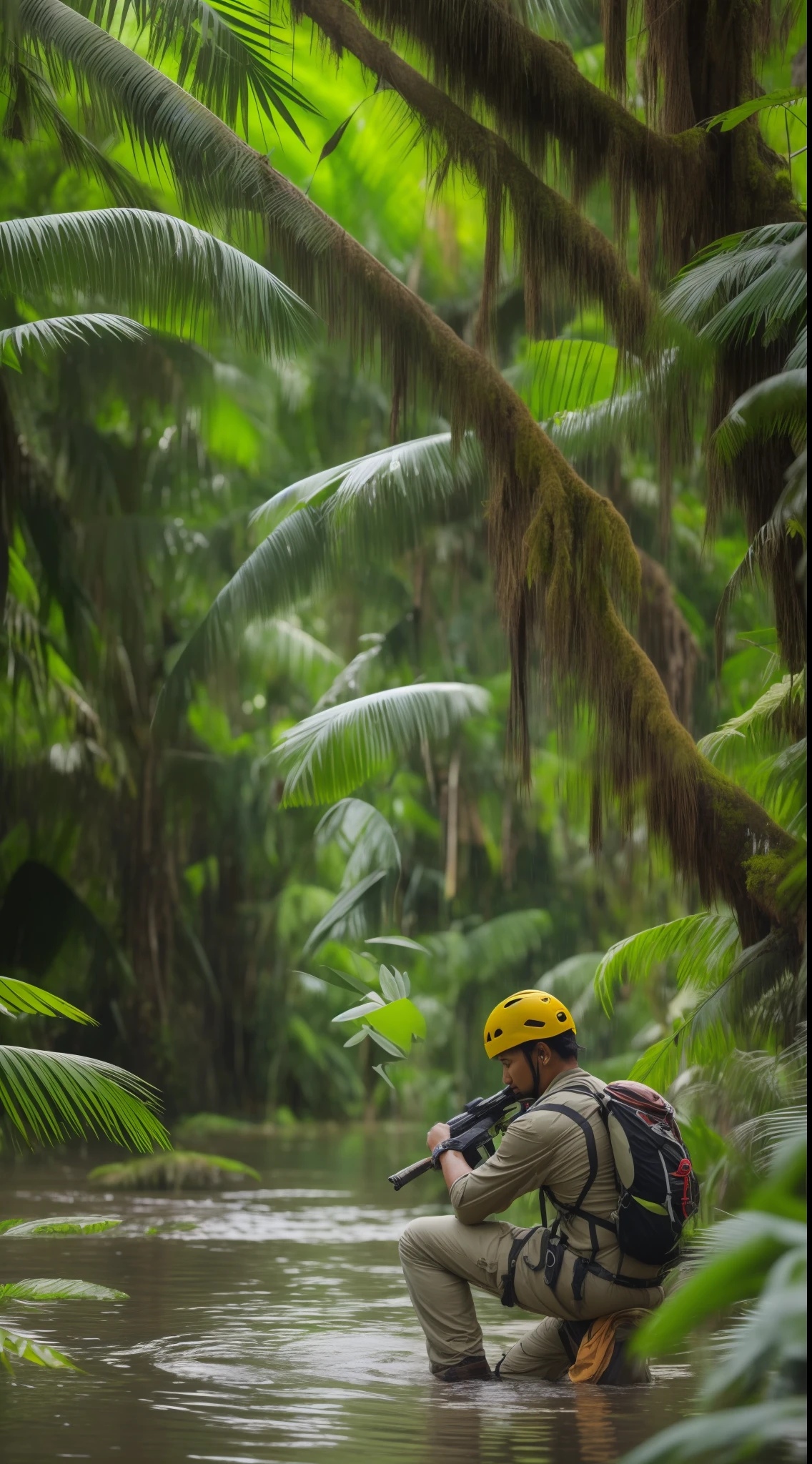 Beautiful close-up((adventurer)),jungles,oases,giant and wet trees，high qulity，tmasterpiece，All kinds of wildlife，wild plants