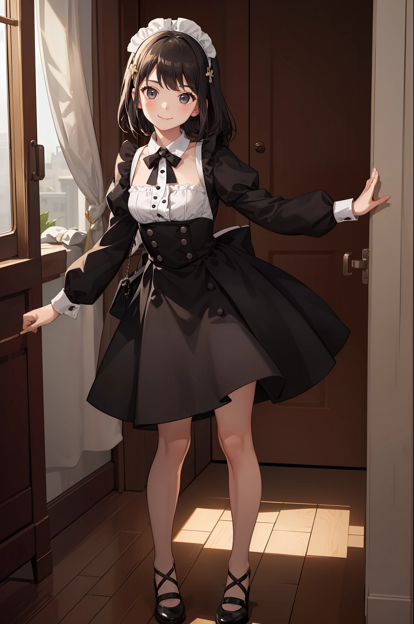 1girl in、A smile、A delightful、skirt by the、(small tits)Chilarism、doress、pinafore,,,,,,、Maids,,,,,,,,、hair adornments、movement、