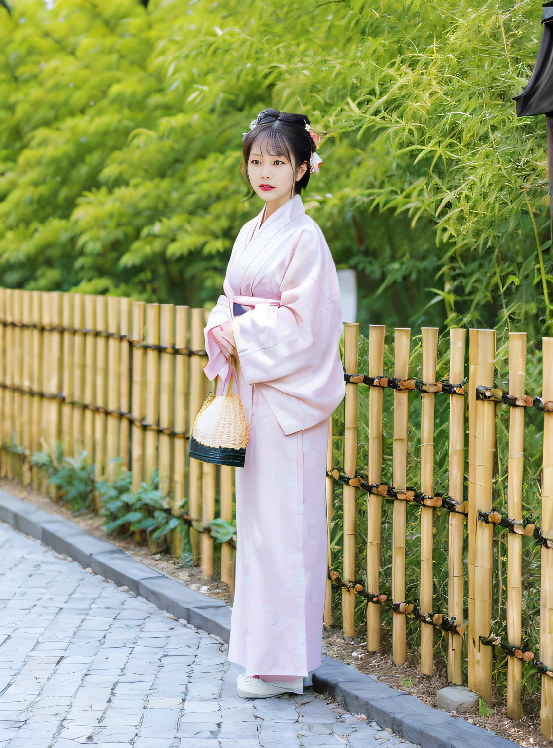 Alafi in pink kimono stands in front of a bamboo fence, in a kimono, wearing a haori, pale and coloured kimono, Wearing kimono, elegant japanese woman, classy yukata clothing, Wearing a kimono, bathrobe, Wearing Hakama, Kimono, wearing royal kimono, japanese kimono, A Japanese style, traditional japanese, Japanese style