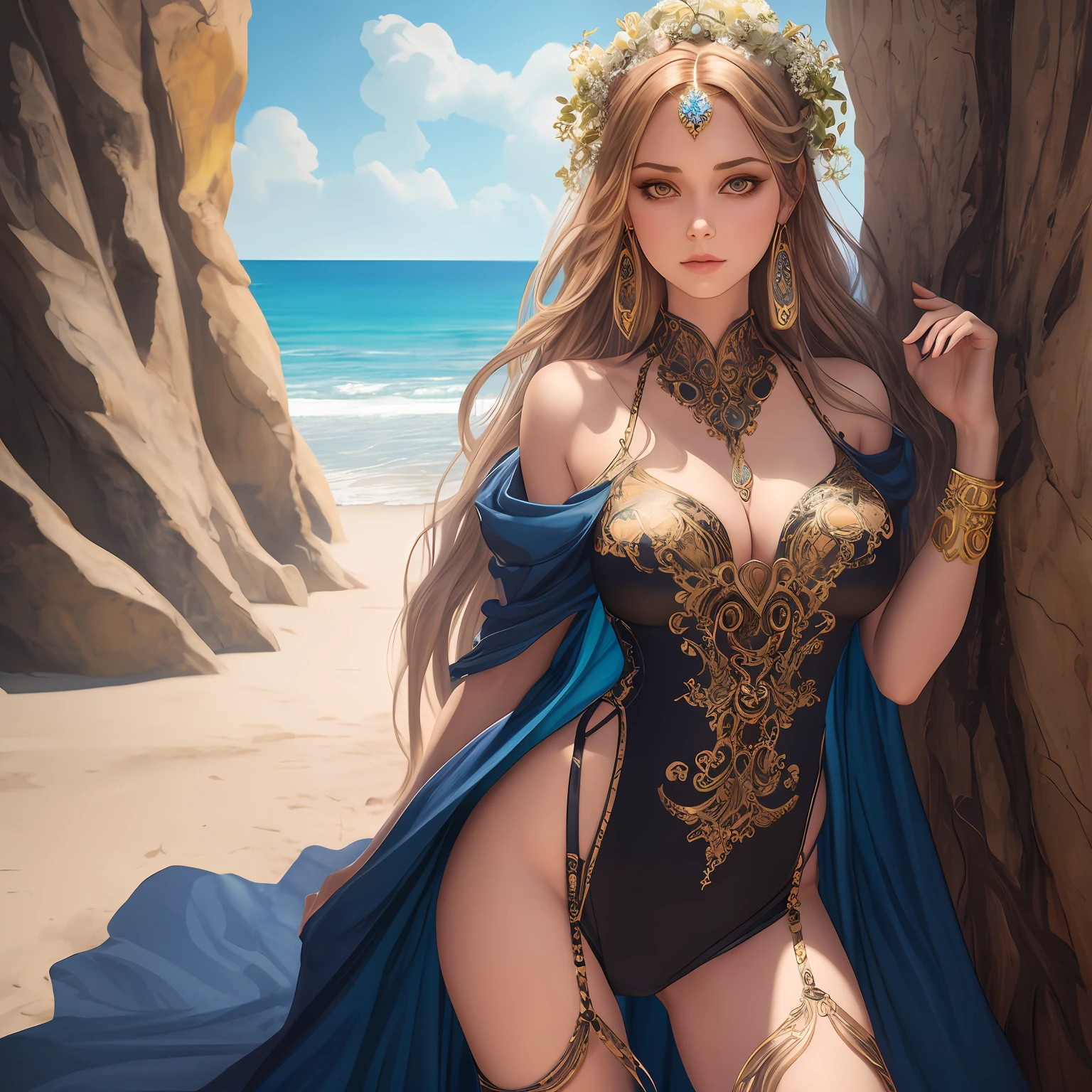 full body portrait of an exotic beautiful caucasian woman wearing trendy clothing at a beach, bewitching look, detailed symmetric hazel eyes with circular iris, realistic, stunning realistic photograph, 3d render, octane render, intricately detailed, cinematic, trending on artstation, Isometric, Centered hipereallistic cover photo, awesome full color, hand drawn, mucha, klimt, erte 12k, high definition, cinematic, neoprene, behance contest winner, portrait featured on unsplash, stylized digital art, smooth, ultra high definition, 8k, unreal engine 5, ultra sharp focus, intricate artwork masterpiece, ominous, epic, trending on artstation, by artgerm, highly detailed, vibrant