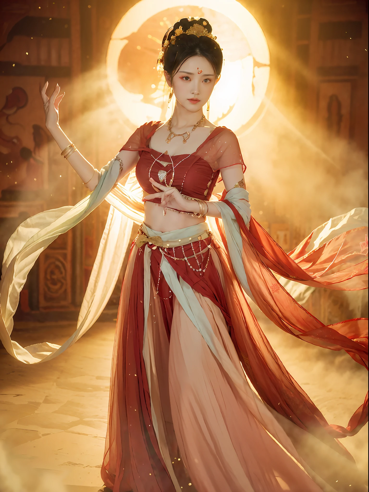 (8k, RAW photo, best quality, masterpiece:1.2), (realistic, photo-realistic:1.4), (extremely detailed CG unity 8k wallpaper), (1 girl:1.5), Western beauty, (Red clothes: 1.4), red spots on forehead, pale skin, blush, big eyes, full body, thighs, open navel, gold waist chain, gold jewelry, flying ribbons, particles, background is Loulan ancient city, ancient city wall, desert, dance, dunhuang_dress, dunhuang_style,