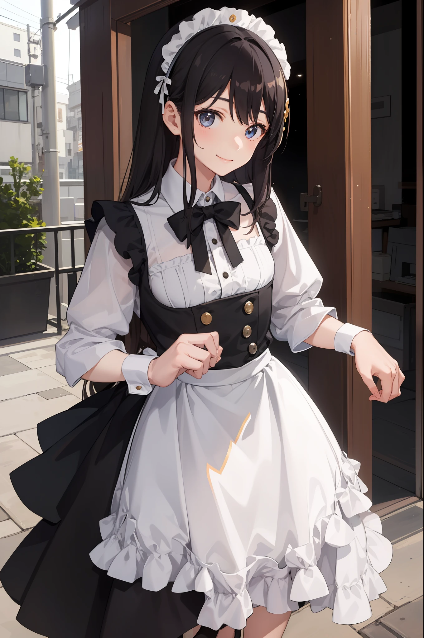 1girl in、A smile、A delightful、skirt by the、(small tits)Chilarism、doress、pinafore,,,,,,、Maids,,,,,,,,、hair adornments、movement、