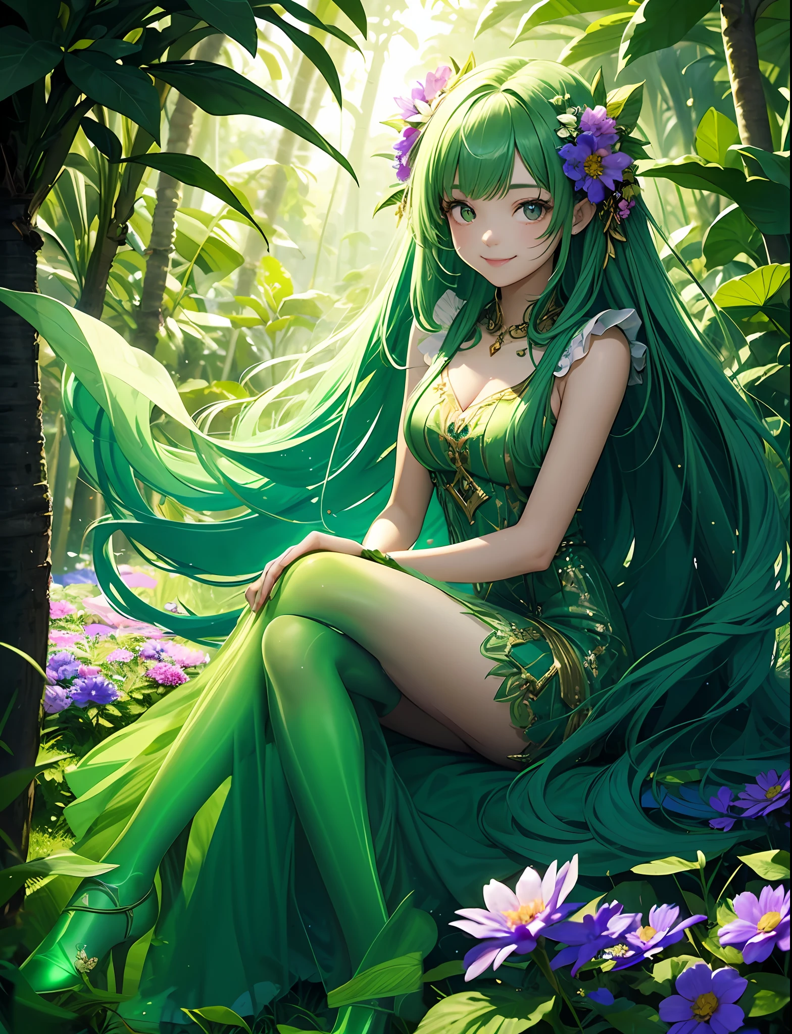 A beautiful girl with iridescent eyes and wearing a translucent green dress. She has long green hair with colorful flowers. She is sitting in a flower garden in the rainforest. Each part of her dress also has flowers and leaves growing out of it. She smiles and beckons to me. Golden particles dance around her. Many skeletons lie at her feet.