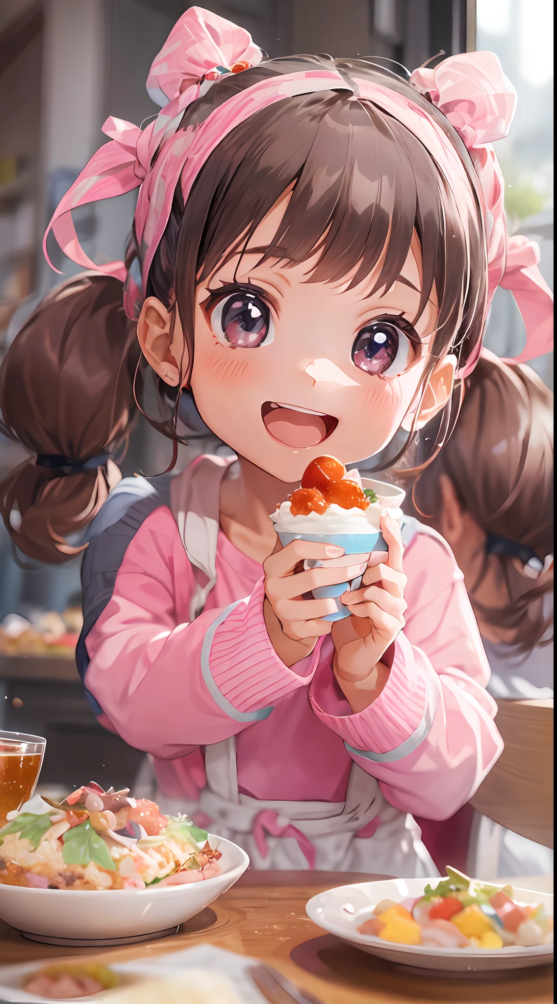 !The image of a cute girl who likes pink, appearance々Eat a feast of dishes, With a smile and posing for the camera, With cute gestures.