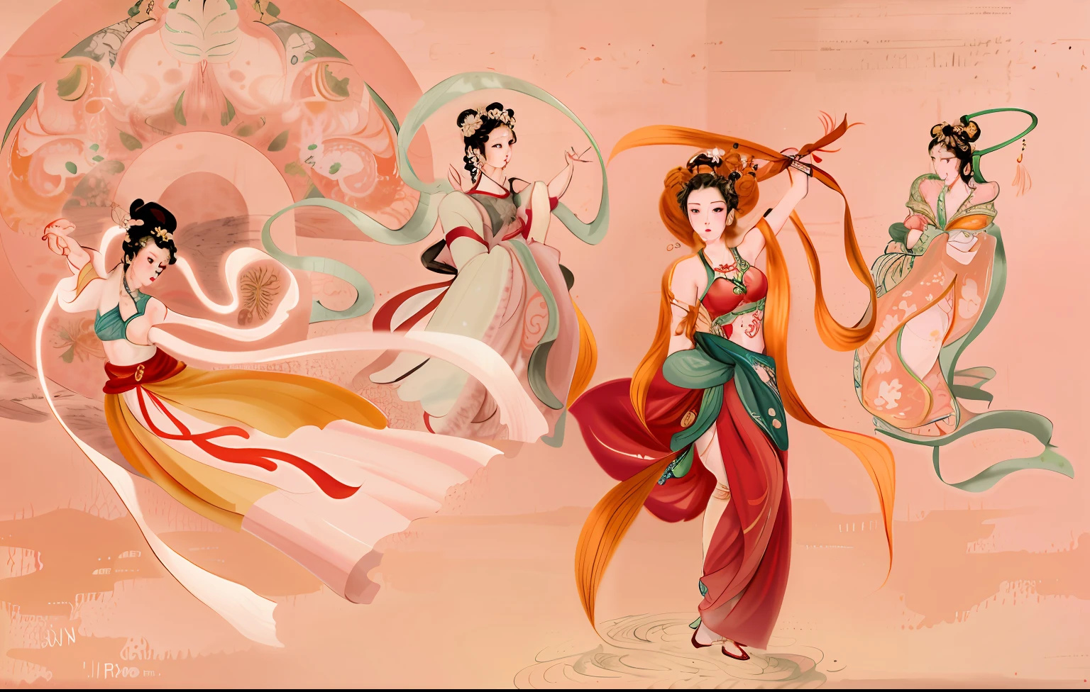 There are three women in oriental costumes dancing with ribbons, A beautiful artwork illustration, ancient china art style, Chinese style painting, ancient chinese beauti, inspired by Yun-Fei Ji, Chinese watercolor style, an ancient Chinese goddess, chinese ribbon dance, Tang dynasty, Traditional Chinese art, Character ribbon plus LED light effect。 --auto