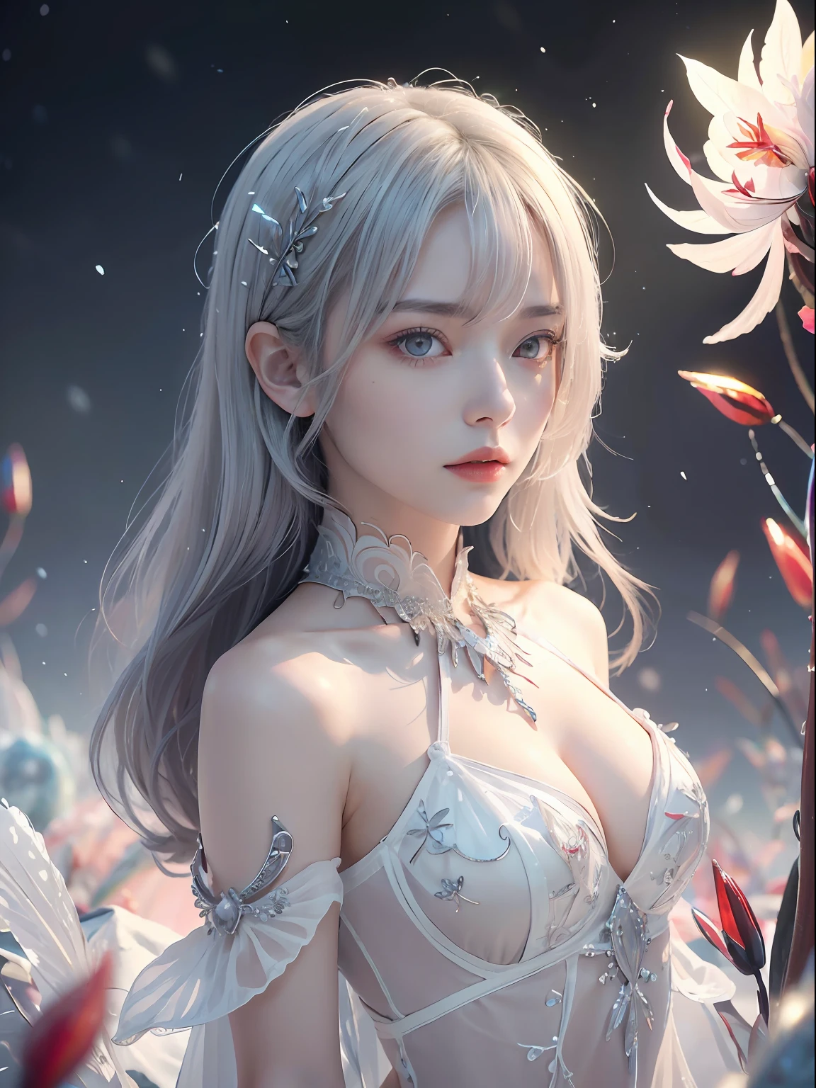 realisticlying,(tmasterpiece,top Quority,best qualtiy,offcial art,Beauty and aesthetics:1.2),The is very detailed,s fractal art,Colorful,Most detailed,zentangle,(abstract backgrounds:1.5)1girll,Kamimei,White color hair,(luminous red eyes),mistic,(magia),Ice and snow,((Lycoris radiata)),Yellow Springs Hell,Soul Ferryman,the phantom