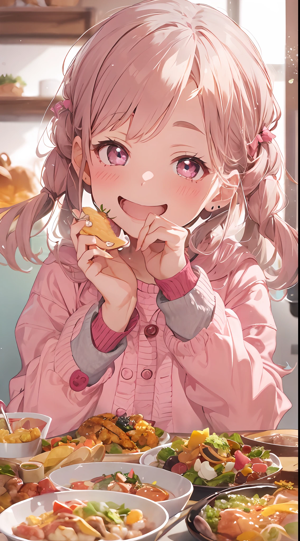 !An image of a cute girl who likes pink, eating a feast of various dishes, with a smile and a pose for the camera, with cute gestures.