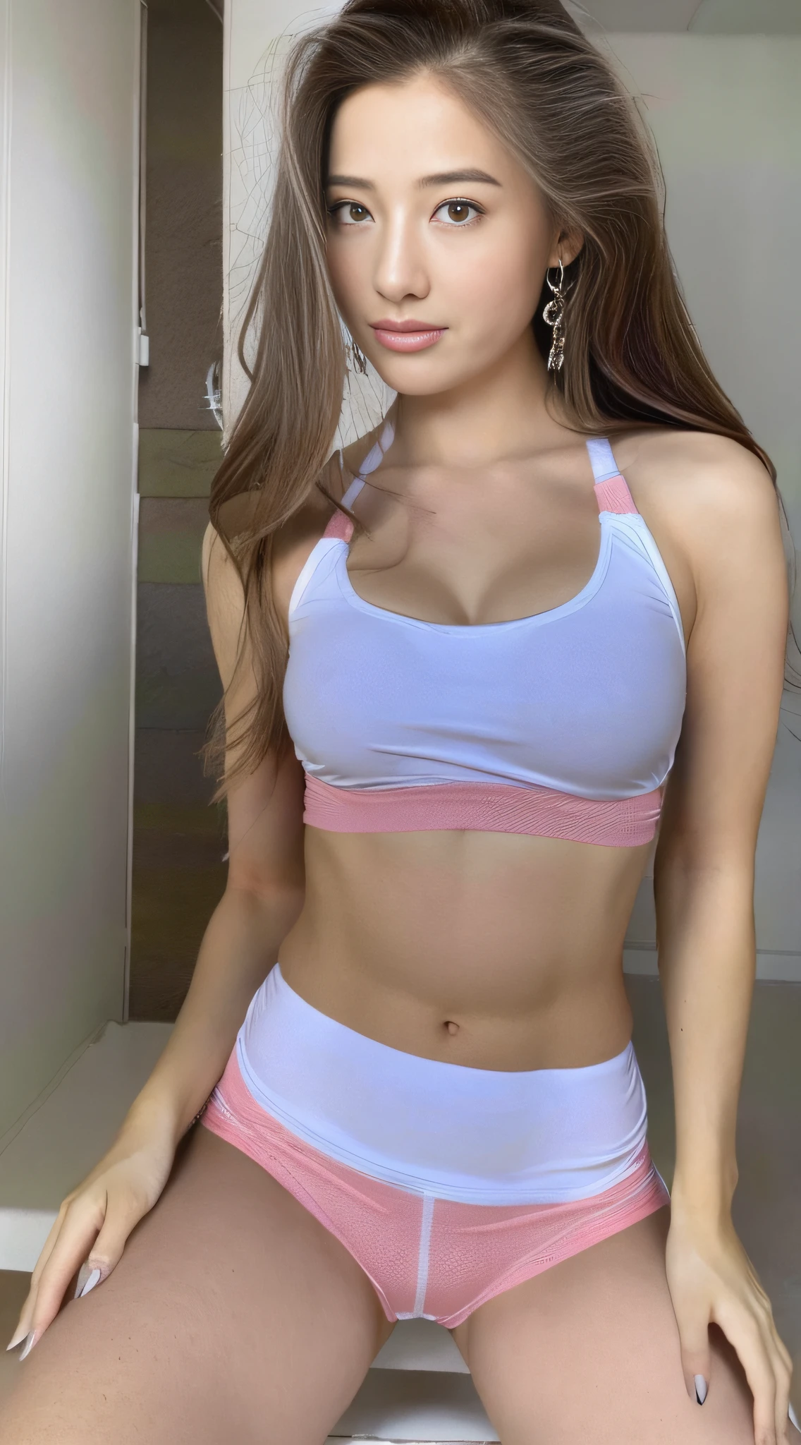 ((top-quality、8K、​masterpiece:1.3))、Tall and beautiful woman、Perfect figure:1.4、Slender Abs、Dark brown hairstyle、shorth hair、Salmon Pink Yoga Pants、No postural movement、Stand up straight、huge bust、Highly detailed facial and skin texture、A detailed eye、二重まぶた、Face with a cold、A royal sister full of fans、full body Esbian、Peach butt、Small Sports Bra、squatt、(Raw foto:1.2)、((Photorealsitic:1.4))top-quality、​masterpiece、illustratio、extremely delicate and beautiful、extremely details CG、Unity、8K Picture Wallpaper、finely detail、best qualtiy、Highly detailed CG Unity 8k wallpaper、absurderes、incredibly absurdness、huge filesize、ultra-detailliert、hight resolution、ighly detailed、a beautiful detailed girl、extremely detailed eye and face、beatiful detailed eyes、Facial light、电影灯光、1girl in、see -through,Look at viewers,plein air,Sunny and cheerful、High Ponytail、Sporty girl、ulzzang-6500、full body Esbian、yoga clothes、Sportsgirl、gym、traning、working out、Machines、Do a bench press、big breasts thin waist、full body Esbian、Ass Pre-Prix、stick out buttocks