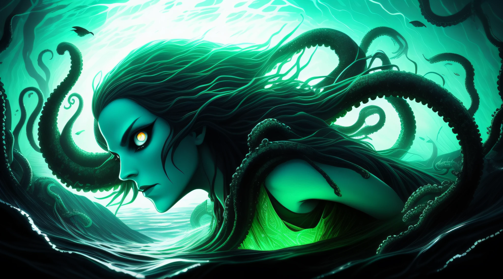 a photo of a sea witch, green short hair, evil, villain, she's coming for you, up close, dark ocean,( under water:1.1), lightning, glowing eyes, wearing a dress made out Seaweed, tentacles, octopus, (up close:1.3)