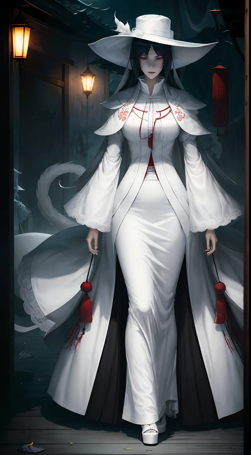 Eight-foot adult,Eight feet tall,femele,white dresses,White hat,Can't speak,There will be a rattling sound,Seductive Men,youkai,terroral,repression,full bodyesbian,simplebackground,Spooky and terrifying,Scared face,Wicked laugh,Wear mourning clothes --auto