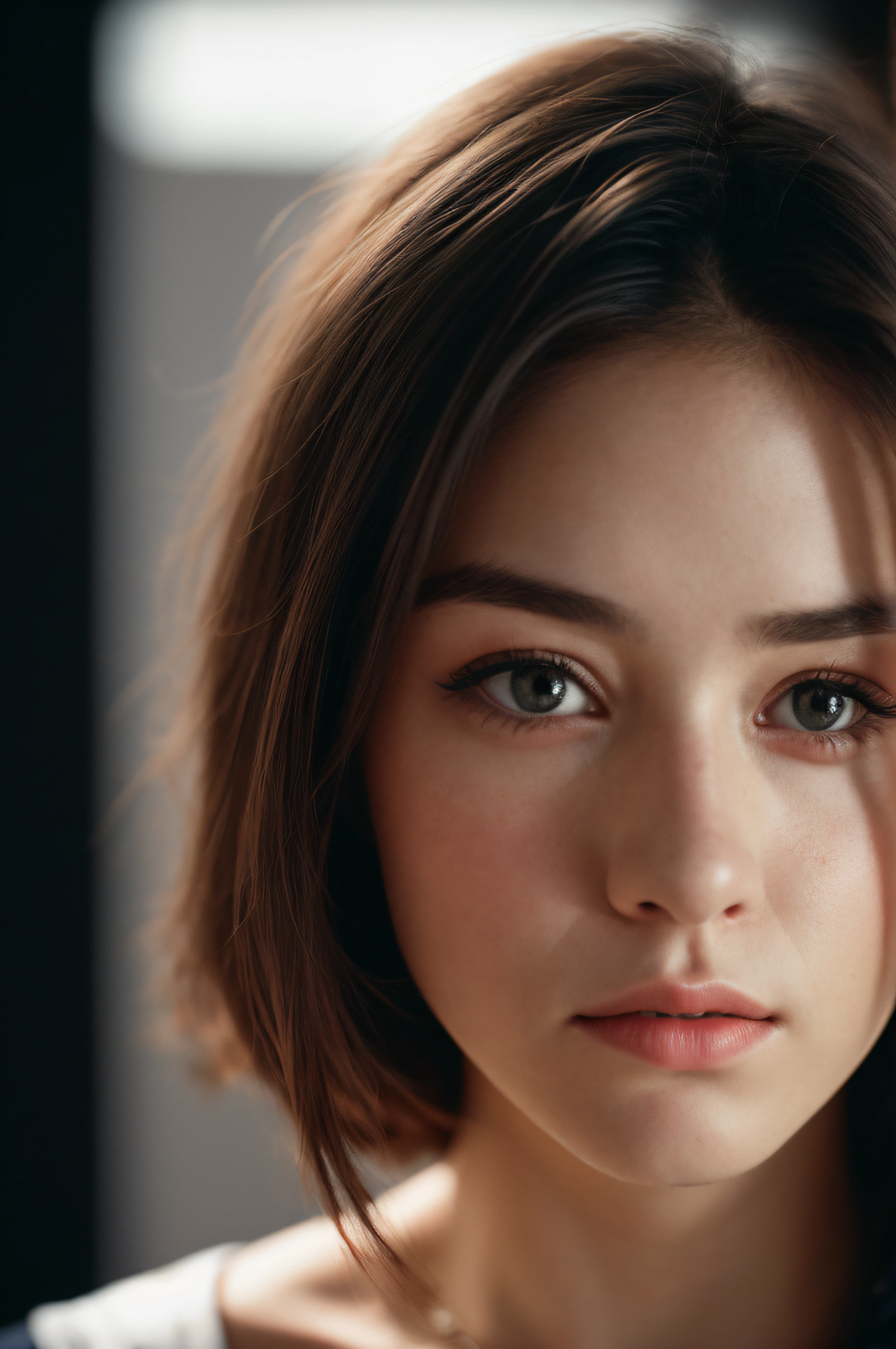 (gros plan, editorial photograph of a 21 year old woman), (high detail face:1.4) (sourire:0.7) (background inside dark, morose, private study:1.3) POV, Par Lee Jeffries, Nikon D850, Photographie de film ,4 Kodak Portra 400 ,camera f1.6 lentilles ,couleurs riches ,hyper realistic ,lifelike texture, dramatic lighting , Cinestill 800,