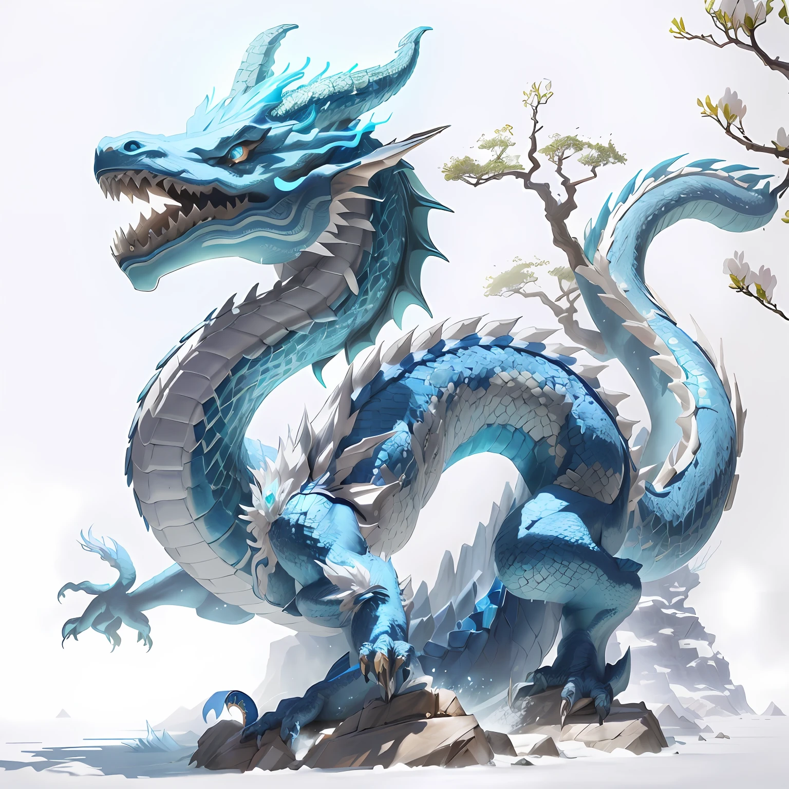 There is a statue of a blue dragon on the rock,A tree in the background, cyan chinese dragon fantasy, chinese dragon concept art, blue scaly dragon, Blue dragon, Crystal Dragon, majestic japanese dragon, smooth chinese dragon, Frost Dragon, digital painting highly detailed, 8K high quality detailed art, drak, Highly detailed digital art, Legendary Dragon, Dragon Art