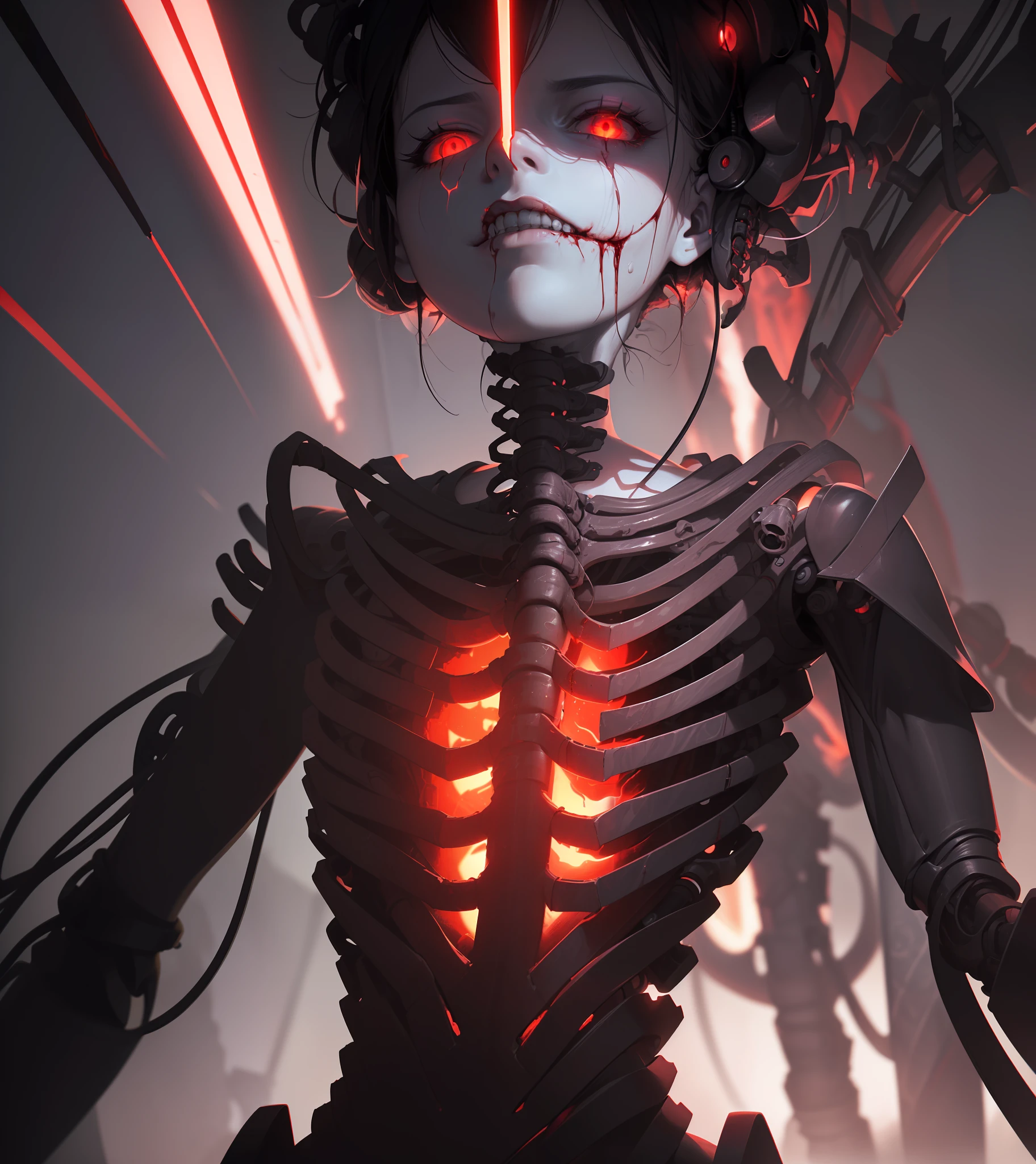 (((Sinister art))), (((Spooky craftsmanship))), ((Disturbing vision of detail)), (Disturbing reality CG masterpiece), ((Delicate abomination)), (Shadows from the imagination), The movie lights cast terrible shadows, ((1 Twisted mechanical girl)), Solo, Half body, ((Well-designed joints:1.2)), ((Twisted mechanical limbs fuse with flesh:1.2)), ((Pulsating blood vessels connected to the dreaded tube:1.2)), (The mechanical vertebrae are fused with the human spine), ((Cybernetics cervical vertebrae are attached to the neck:1.2)), (Sit expressionlessly), Wires and cables are sinisterly embedded in the neck), ((Ethereal cables loom over the haunting overhead:1.2)), Character focus, Set in a futuristic sci-fi metropolis, Extreme and distorted details, Vivid and disturbing colors, ((Facial shadow distortion with incredible performance:1.2)), ((The eye glows with laser precision, Exudes an evil red color:1.2)), (Flames burned in the hole of her lingering hand).