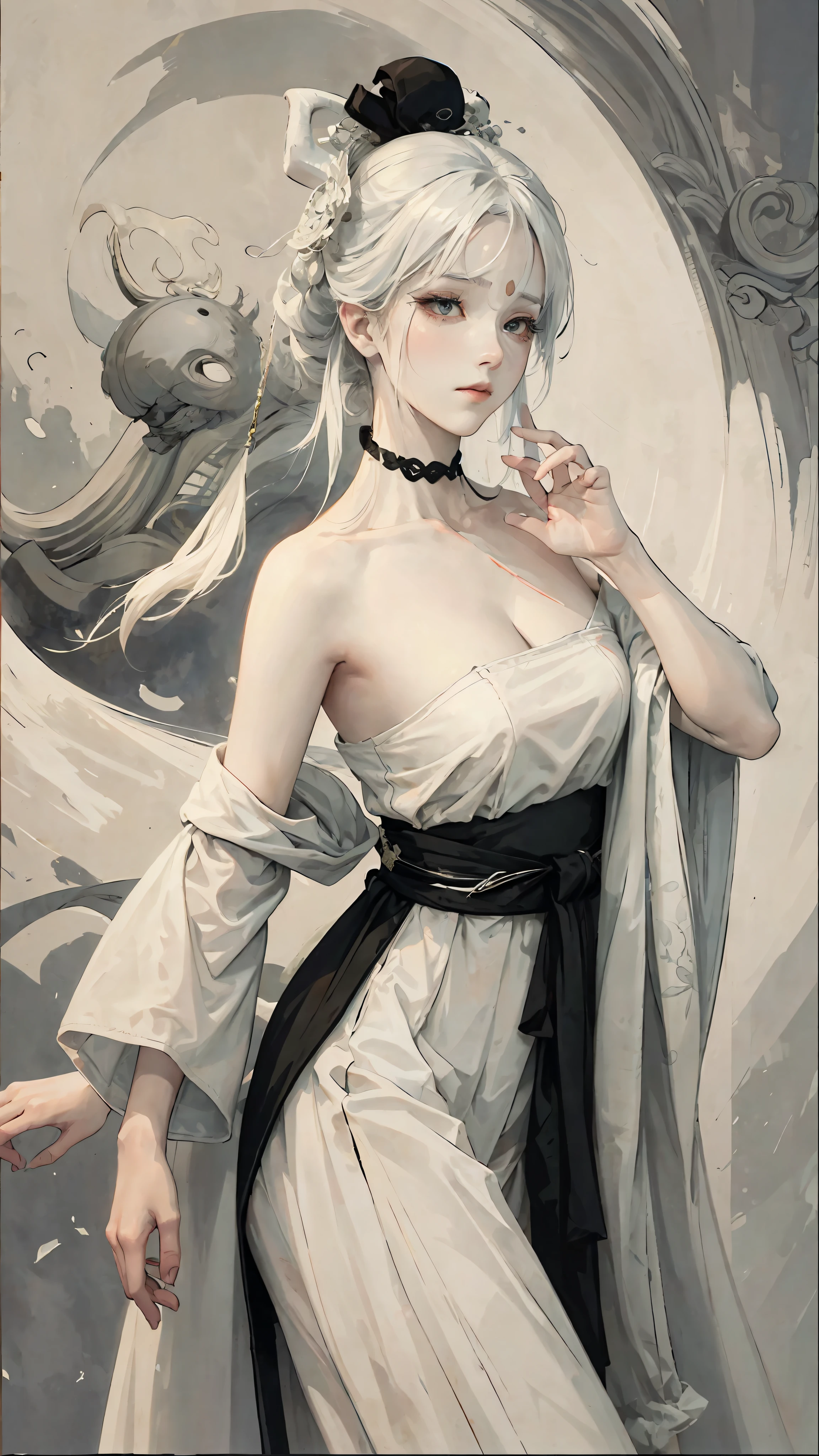 Close-up of a woman with white hair and white mask, beautiful character painting, costume black and white ink style, face delicate color, watercolor, light color, martial arts style, national style, detailed beautiful face, waist seal, sharp eyes