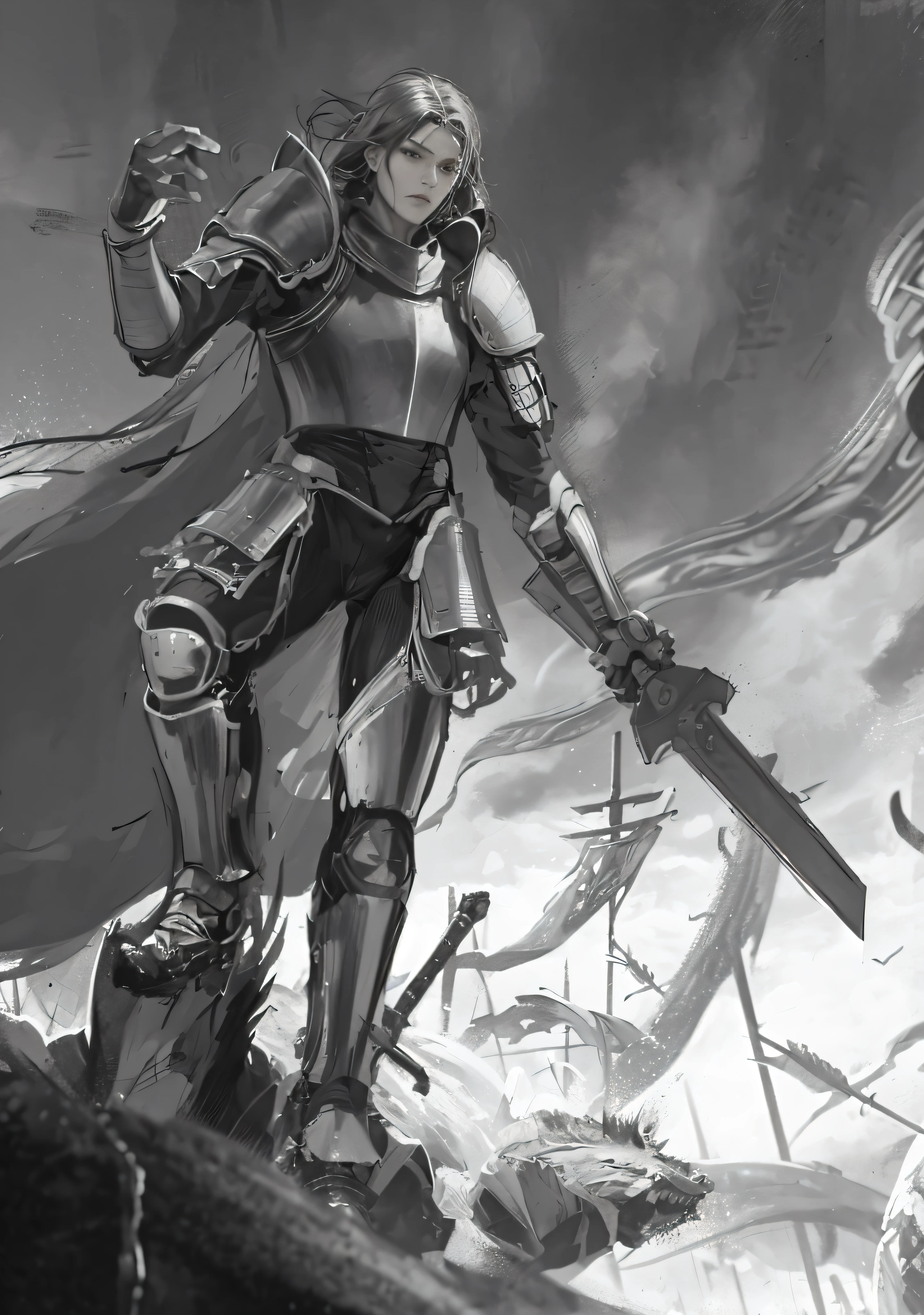 offcial art，统一 8k 壁纸，ultra - detailed，tmasterpiece，best qualtiy，1 male warrior、armour，（The is very detailed），dynamic angle，Mysterious expressions，Flame flash effect，Fantasy Background，edge lit，Side lighting，cinematric light，超高分辨率，8k uhd, filmgrain, best shadow, Delicate, RAW, light particules, detailed skin textures, Detailed armor textures, 详细的脸, Complicated details, ultra - detailed, brightly, strong, Black armor, holding a weapon, Take a shield, ，Long black cloak，fanciful，（Realistis），Battlefield endgame