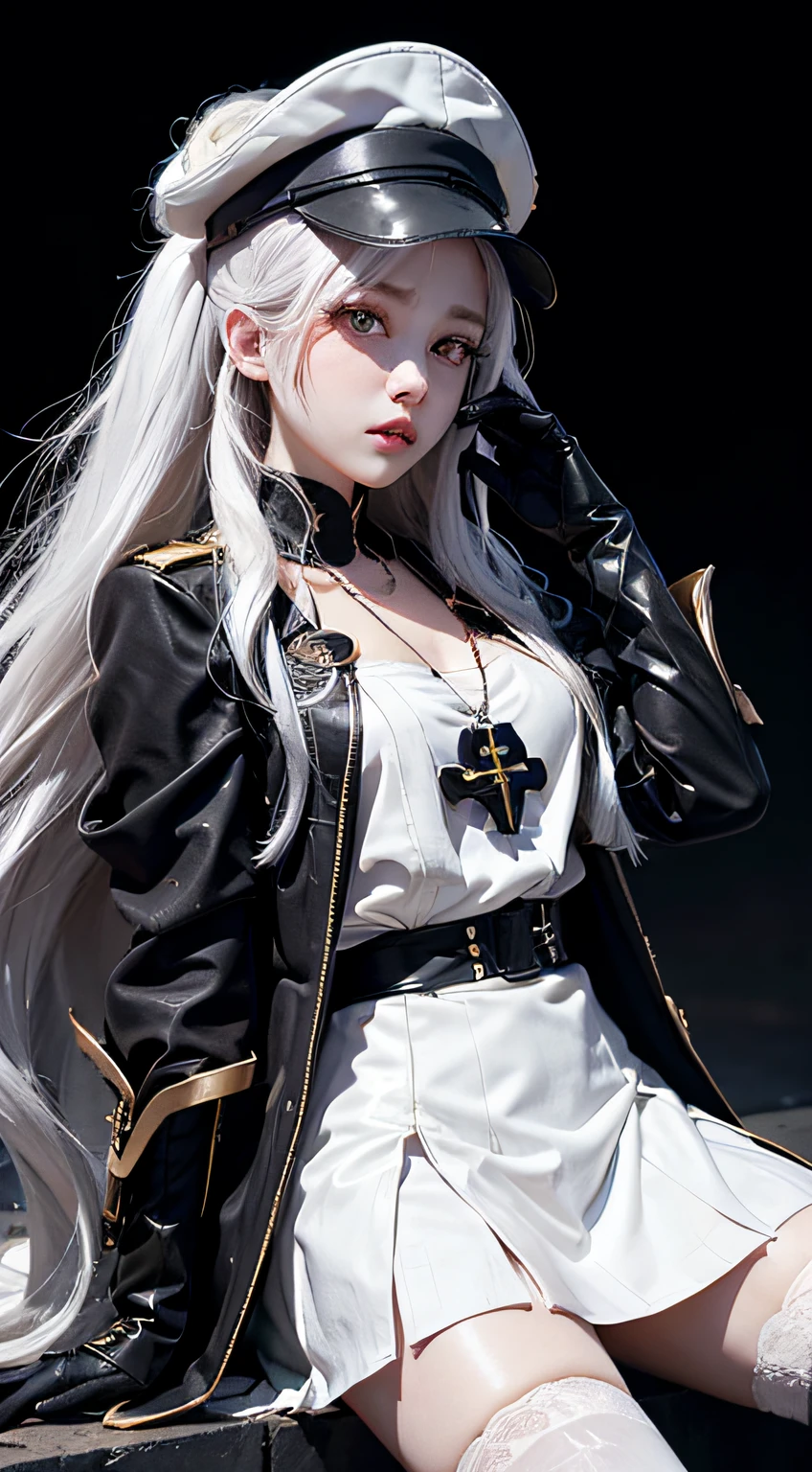 female abyssal admiral (kancolle), bloodstain,wind coat,armor,dress,white_thighhighs,gloves ,cross necklace,ruins,naval cap,{expressionless}black_skirt,blush,,colored_skin,glowing,glowing_eyes,long_hair,,white_hair,white_skin,yellow_eyes{best quality}, {{masterpiece}}, {highres}, original, extremely detailed 8K wallpaper, 1girl, {an extremely delicate and beautiful},,,
