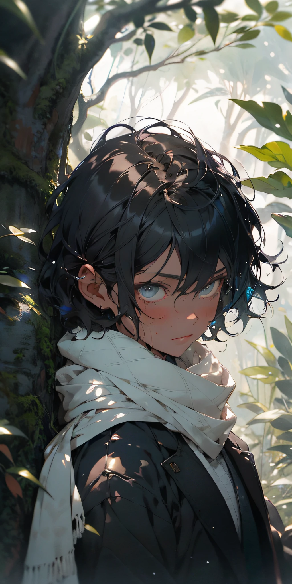 A beautiful close-up((adventurer)),jungles,oases,giant and wet trees,realisticlying,(tmasterpiece,top Quority,best qualtiy,offcial art),The is very detailed,Colorful,Most detailed,Kamimei,short detailed hair,black color hair,(magia),Handsome man,snowflower,White scarf