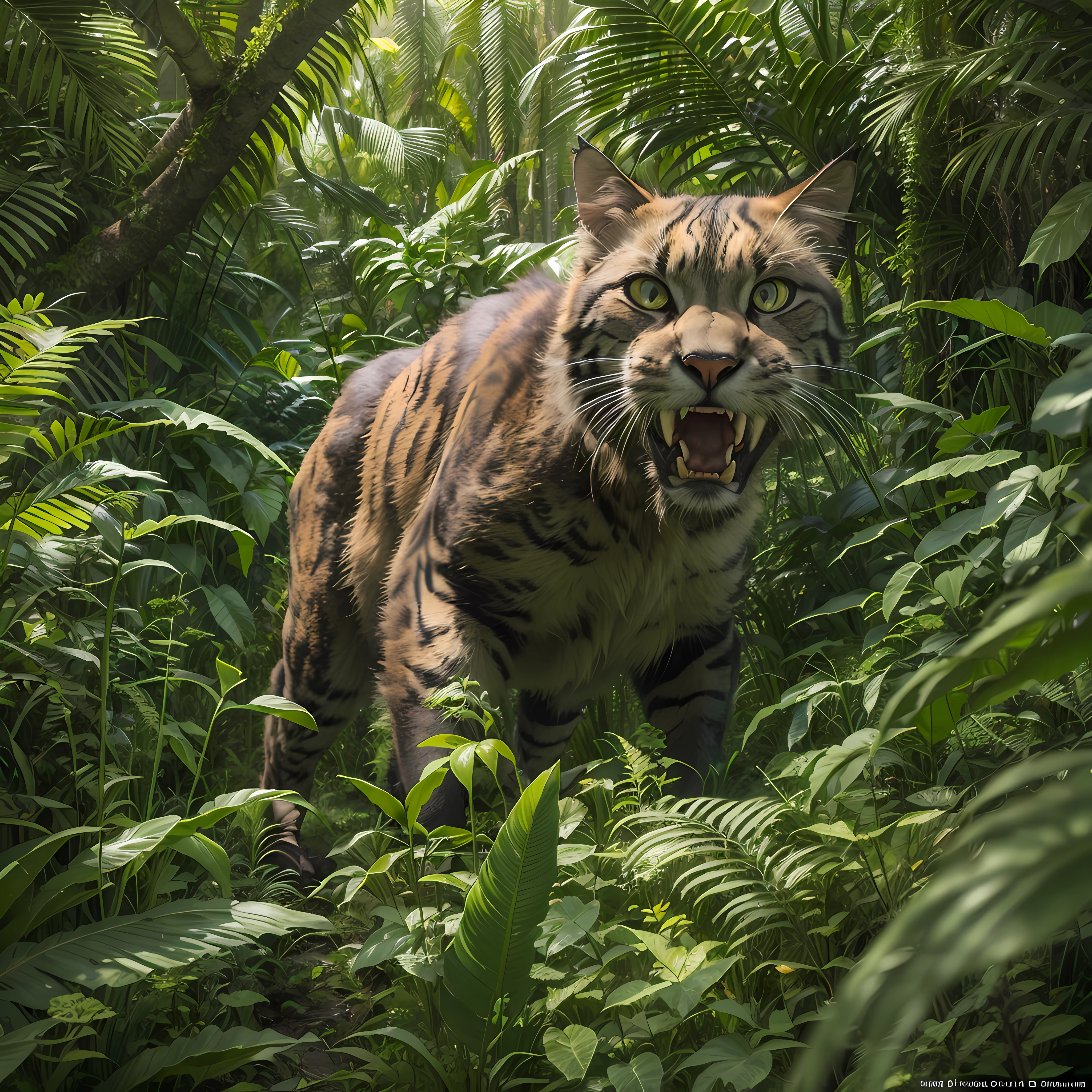 a big saber-toothed cat lurks in the lush vegetation of a dense jungle. Realistic.